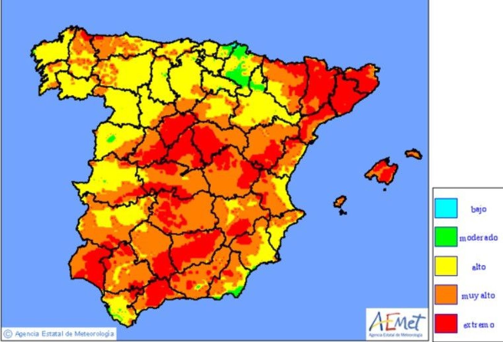 Tres cuartas partes de España estarán este martes, 6 de agosto, en riesgo elevado de incendios, según la predicción de la Agencia Estatal de Meteorología (AEMET)
