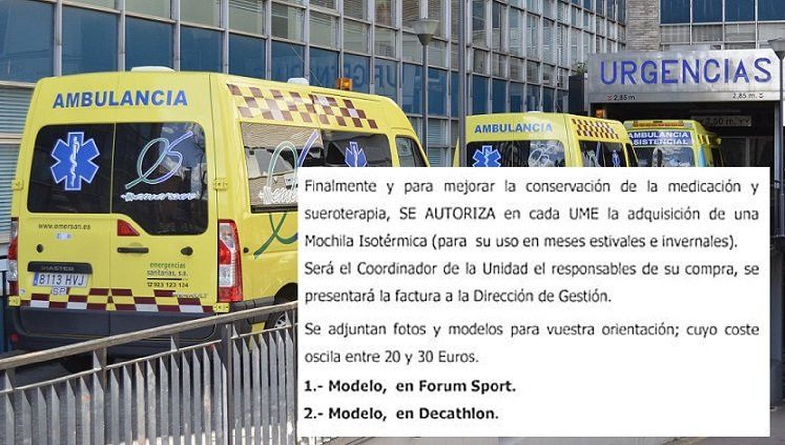 Sanidad recomienda comprar mochilas isotérmicas en tiendas de deportes para conservar las medicinas de las ambulancias