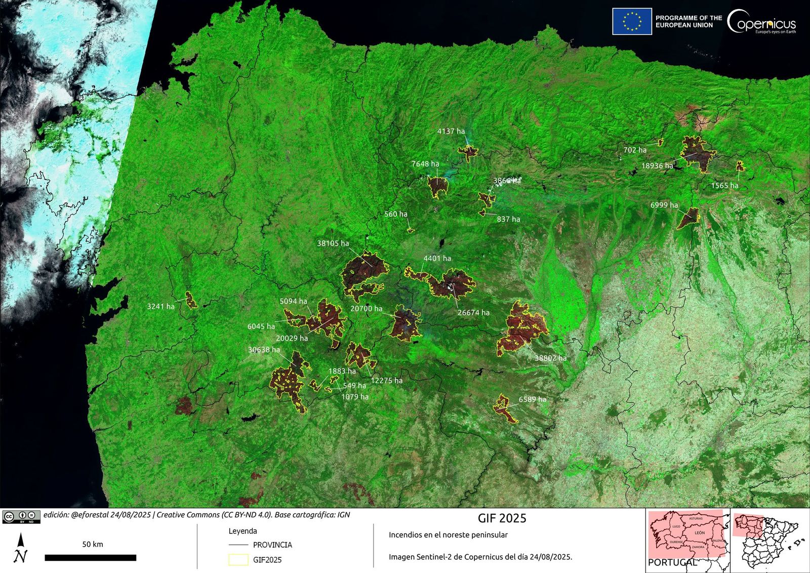 Estimación de superficie arrasada por incendios en el noroeste peninsular