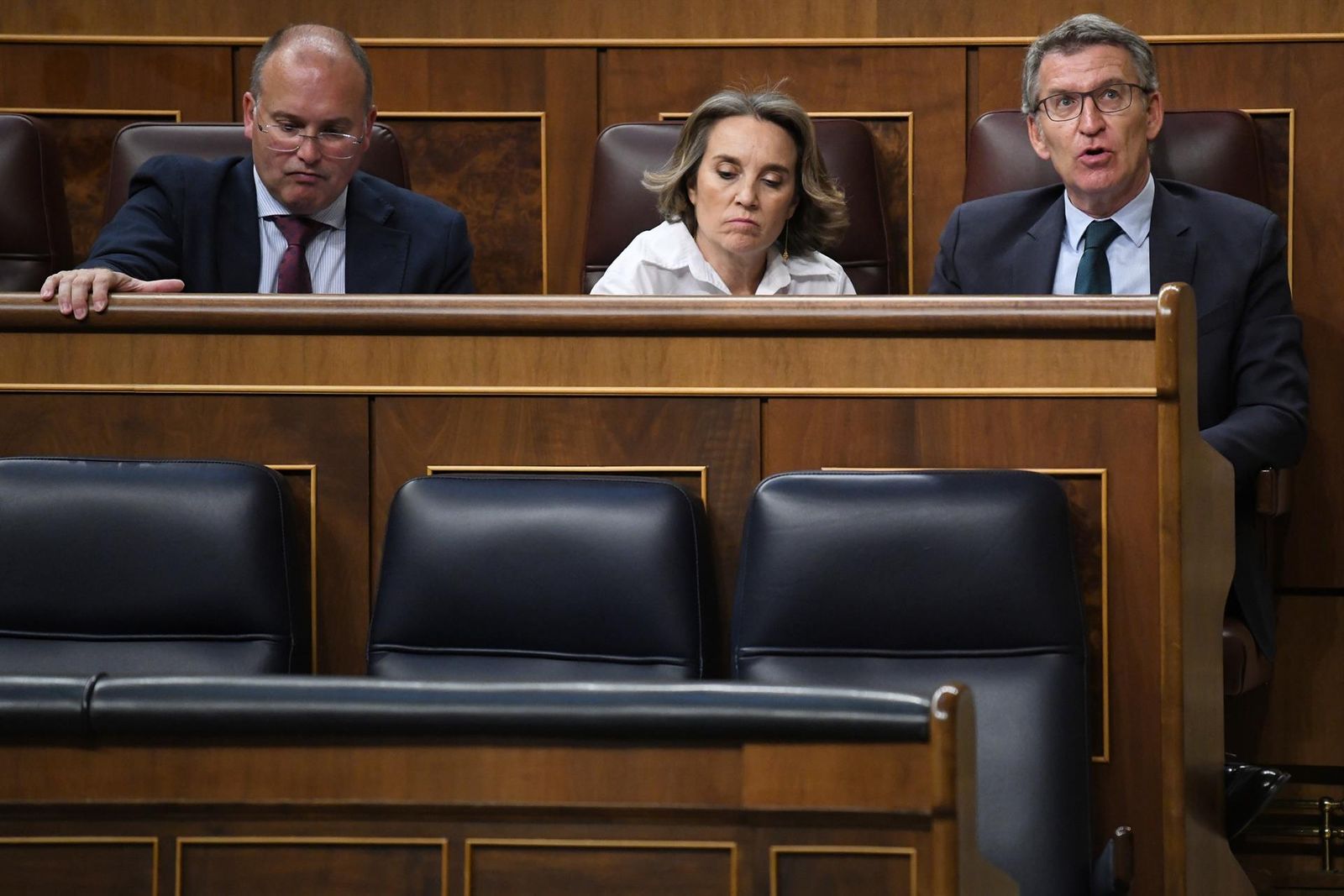 El portavoz del PP en el Congreso, Miguel Tellado; la secretaria general del PP, Cuca Gamarra y el presidente del Partido Popular, Alberto Núñez Feijóo, durante una sesión plenaria extraordinaria, en el Congreso de los Diputados. Fernando Sánchez - Europa Press.