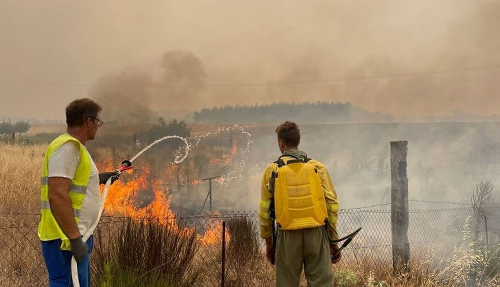 Imagen de un vecino junto a un bombero forestal en el entorno del oncendio de Losacio