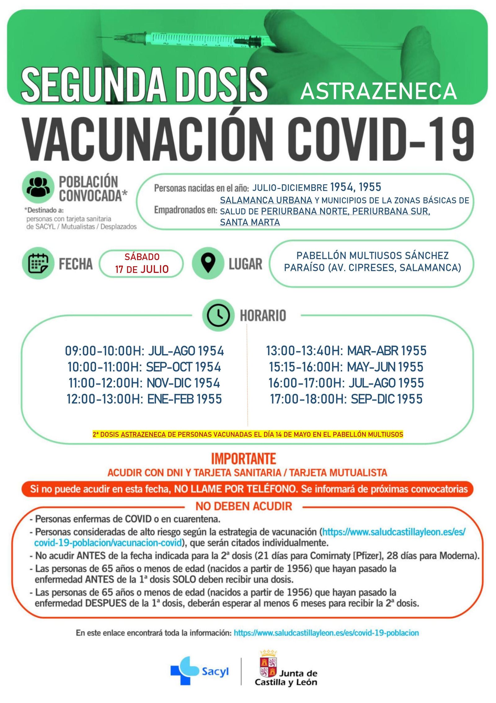 Cartel de la segunda dosis para los nacidos entre julio de 1954 y diciembre de 1955 en Salamanca y alrededores