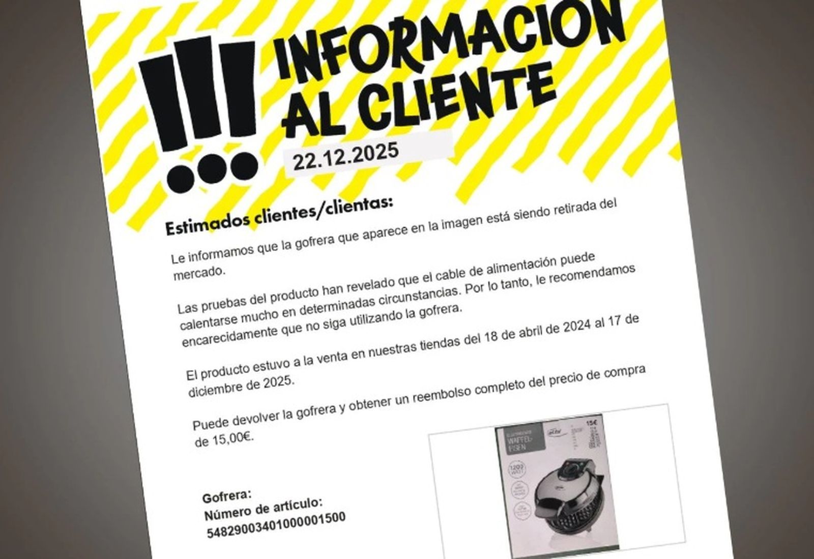 Tedi retira del mercado una gofrera tras detectar un sobrecalentamiento en el cable de alimentación