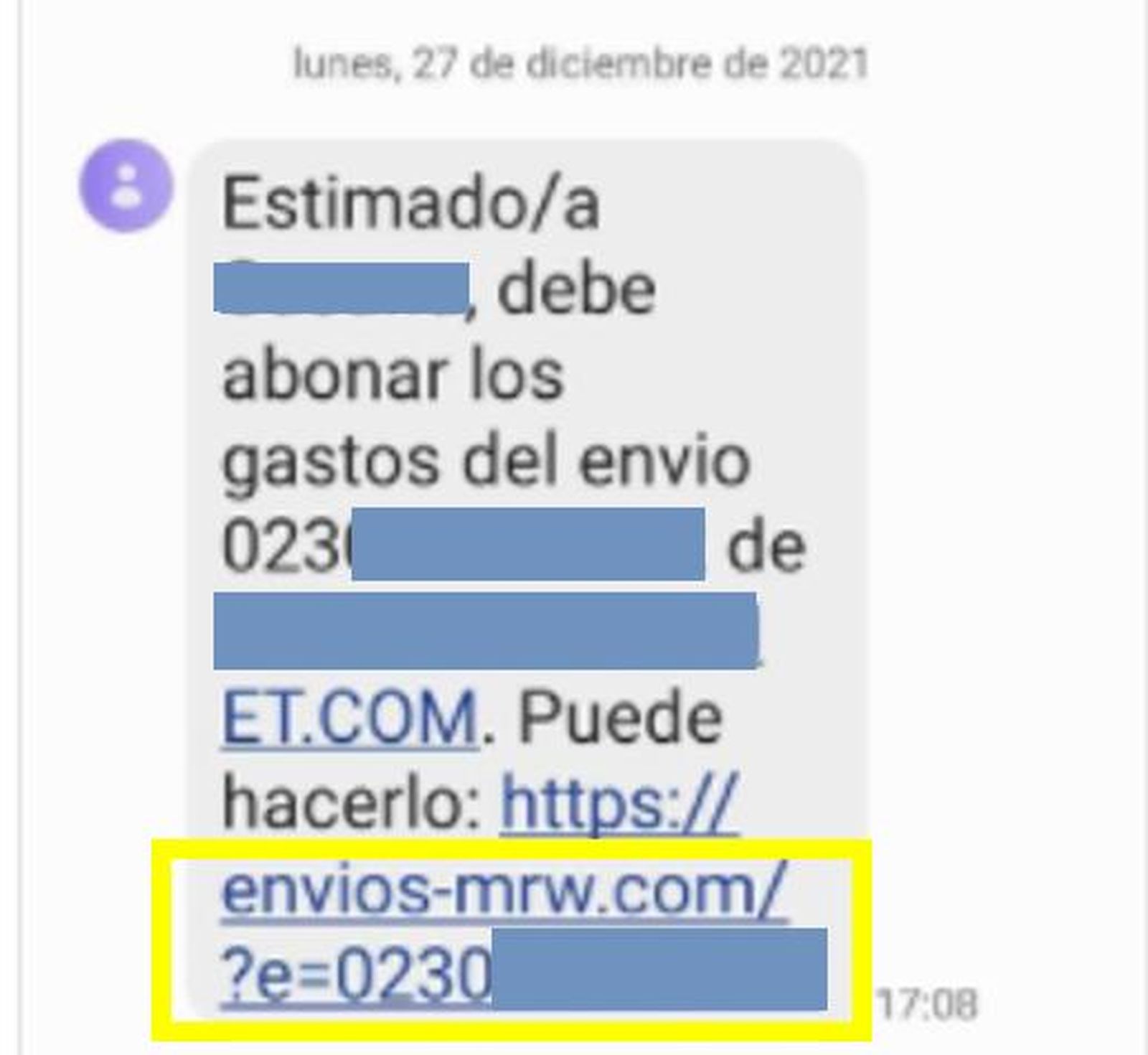 Ejemplo de SMS fraudulento haciéndose pasar por MRW. Foto MRW España. Ejemplo de SMS fraudulento haciéndose pasar por MRW. Foto MRW España.