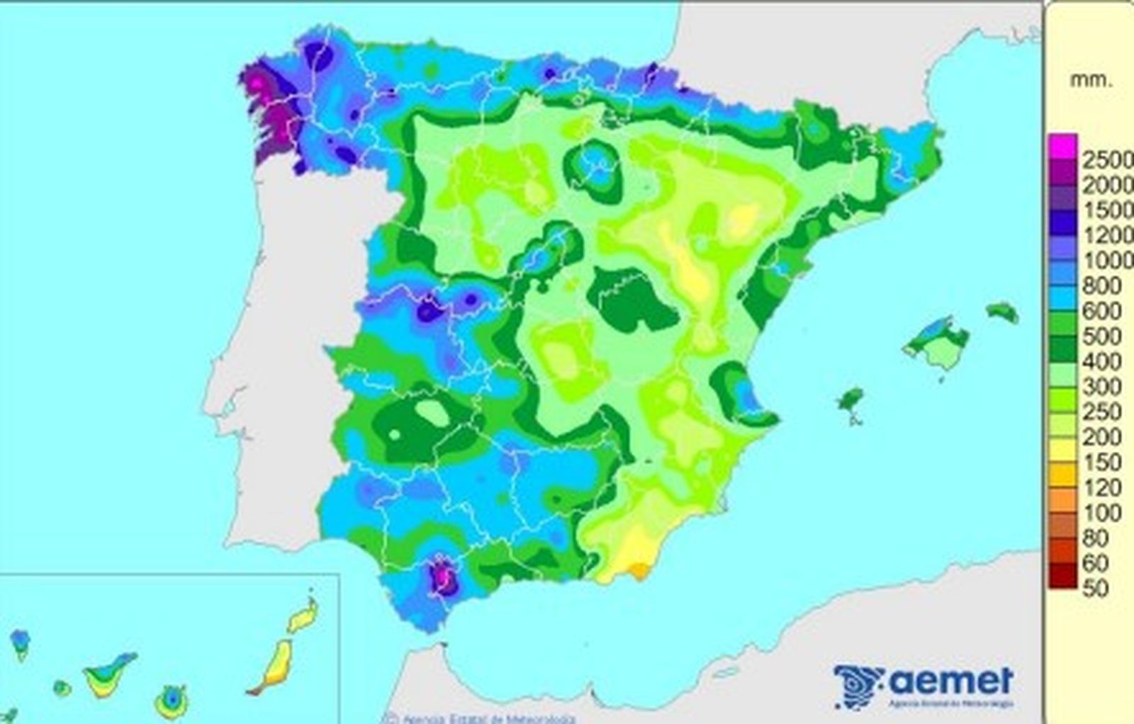 Precipitación acumulada en España desde el 1 de octubre de 2025 hasta el 21 de abril de 2026