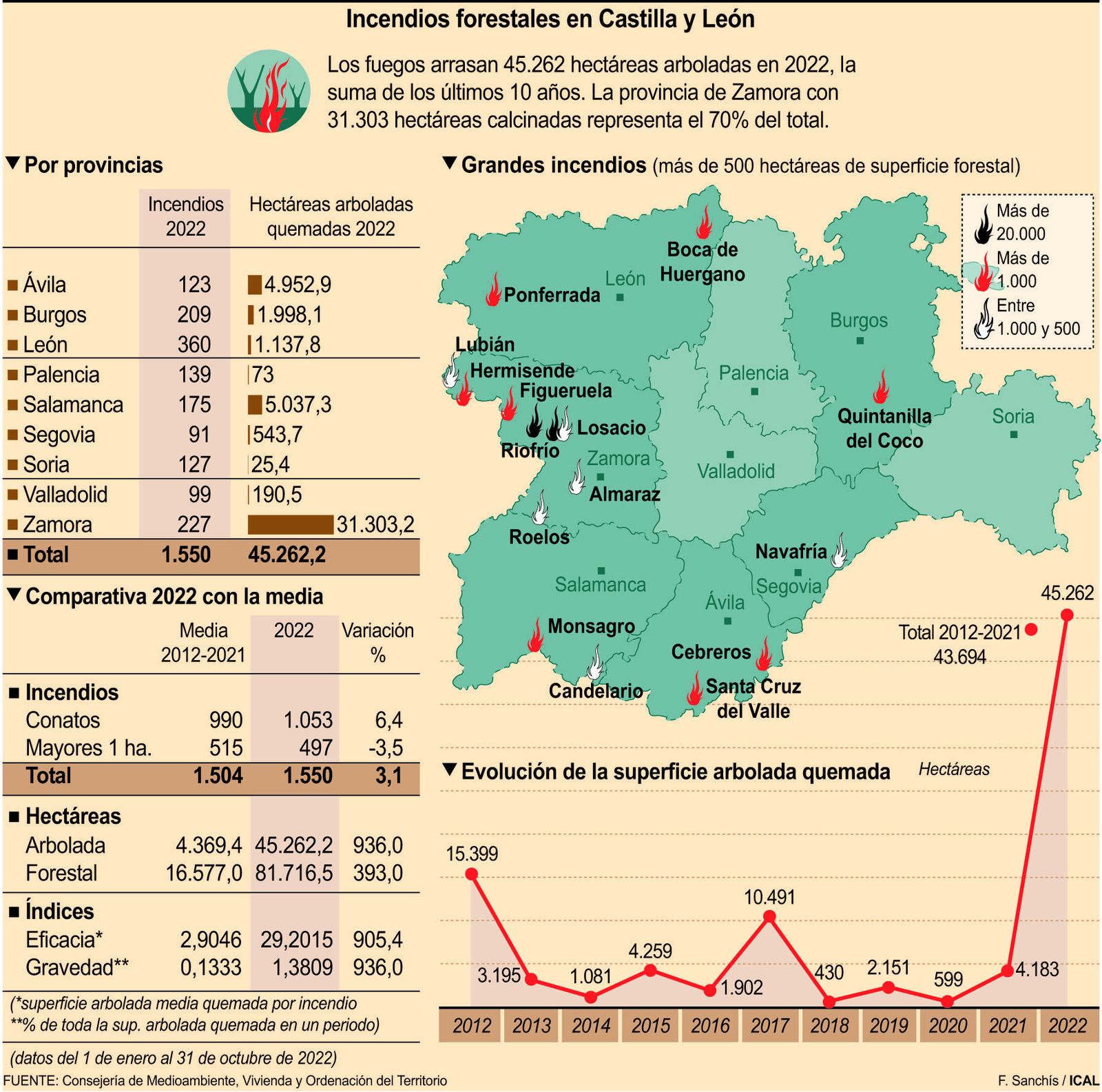 Los incendios arrasan 45.262 hectáreas arboladas en Castilla y León, la suma de una década y una superficie como Tierra de Campos. ICAL