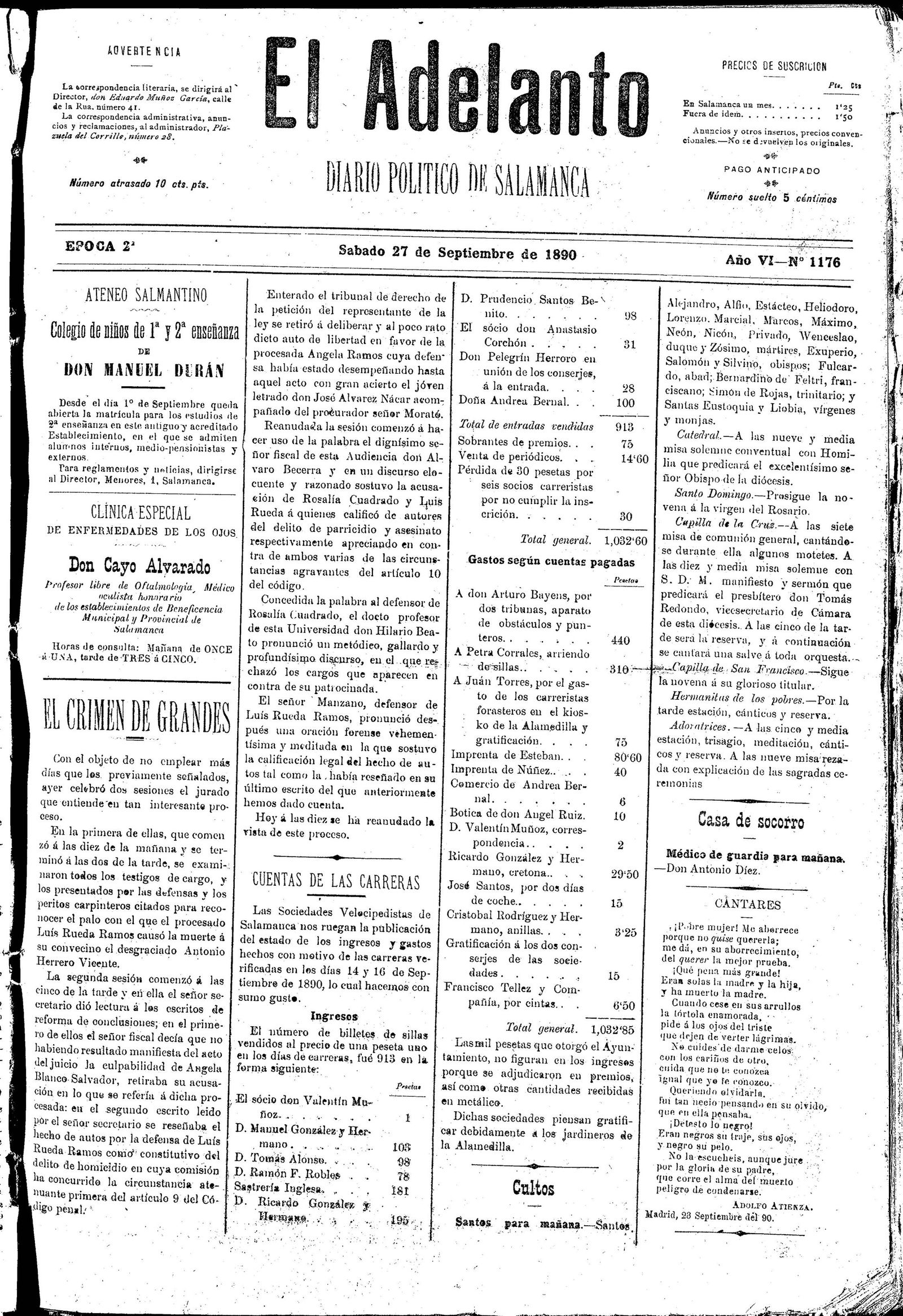 El Adelanto 27 septiembre 1890 Crimen de Grandes