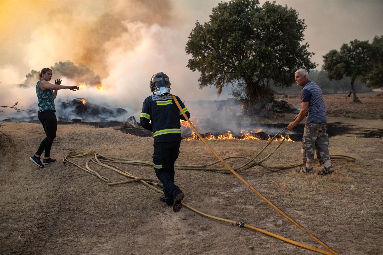 Un bombero y dos vecinos trabajan en la extinción del incendio de Losacio. Europa Press