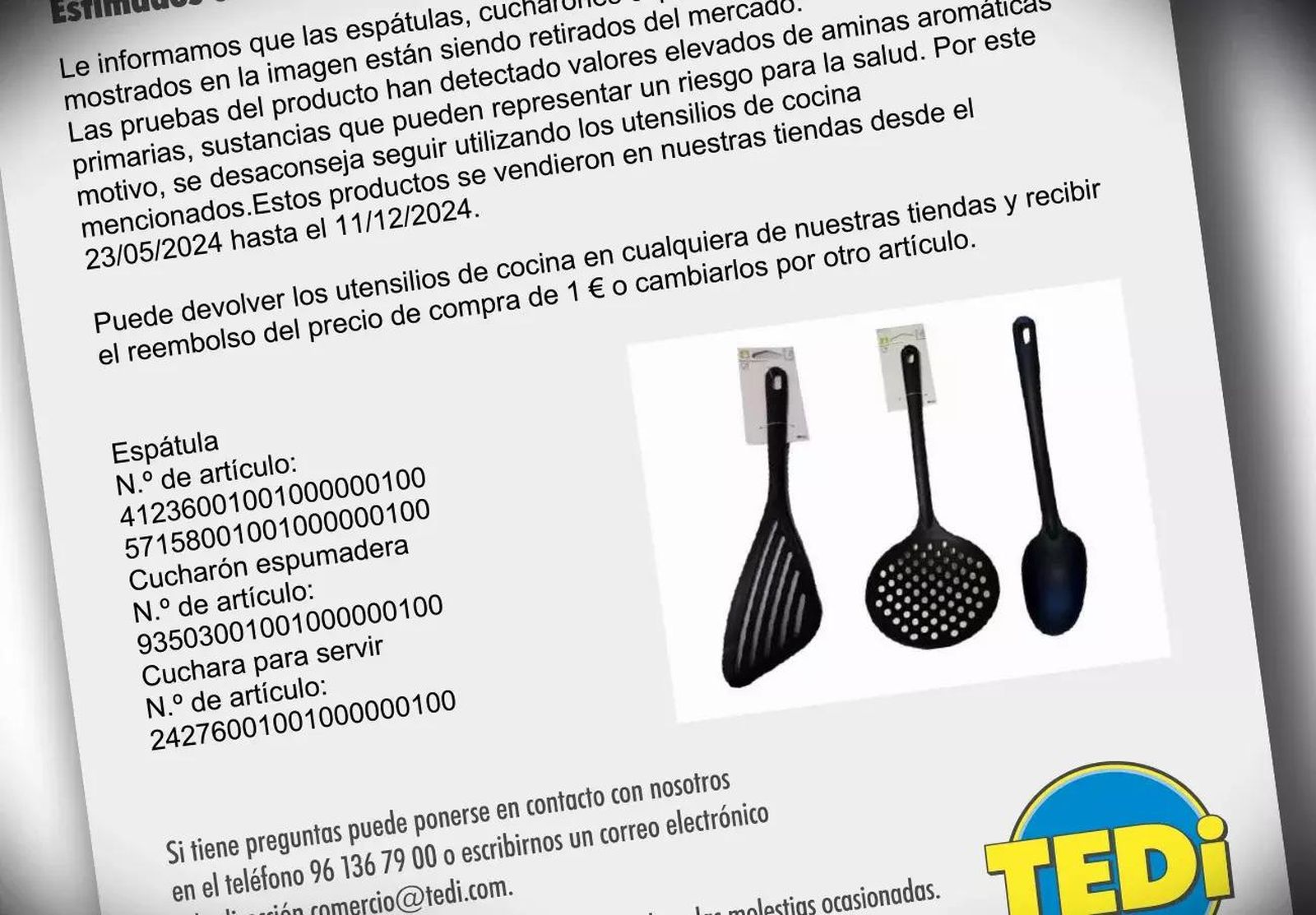 Utensilios de cocina de Tedi afectados por elevados niveles de aminas aromáticas primarias. Foto @FACUA Utensilios de cocina de Tedi afectados por elevados niveles de aminas aromáticas primarias. Foto @FACUA