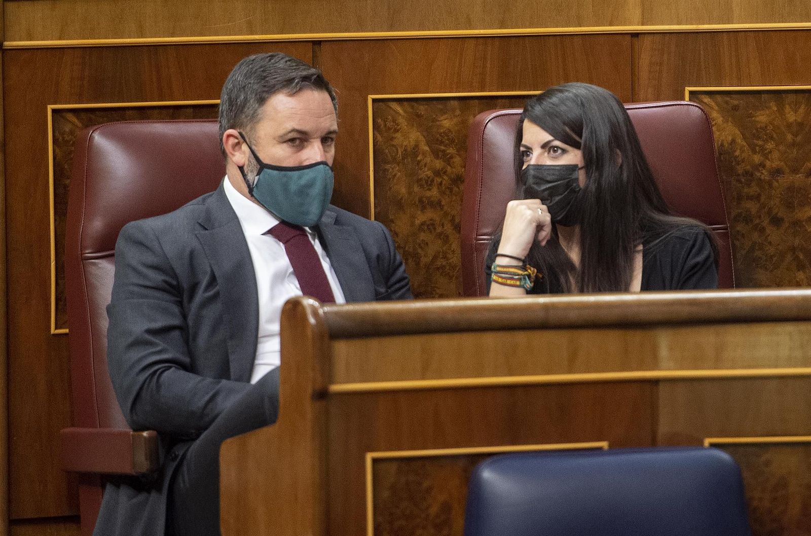 El líder de Vox, Santiago Abascal, y la secretaria general del partido en el Congreso, Macarena Olona, en una sesión plenaria en el Congreso de los Diputados.  | FOTO EP