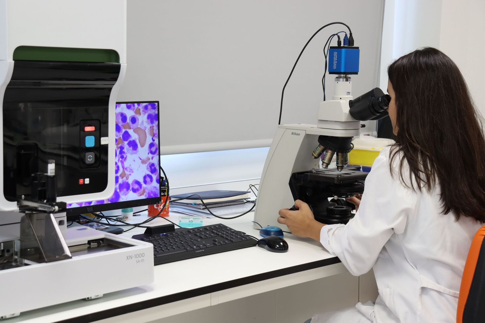Análisis de células en microscopio con tecnología avanzada. Imagen de archivo
