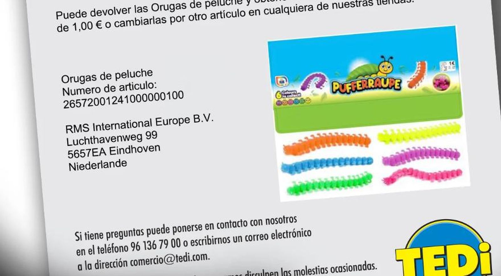 Retiran de la venta estas orugas de peluche vendidas en Tedi por “riesgo de asfixia”. Foto Tedi | @FACUA