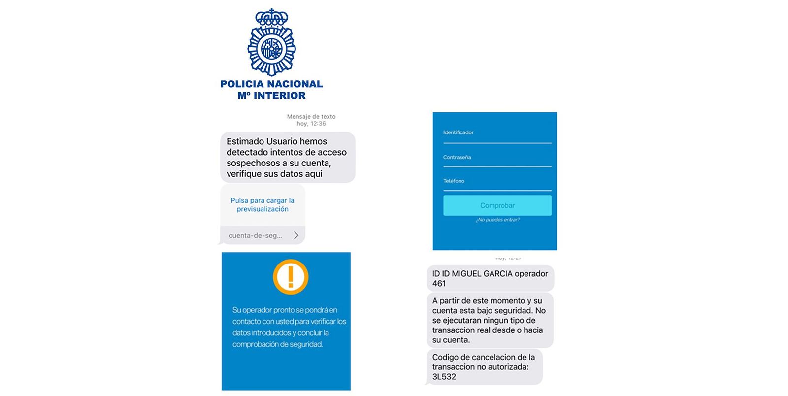 Imagen facilitada por la Policía Nacional de algunos de los SMS fraudulentos