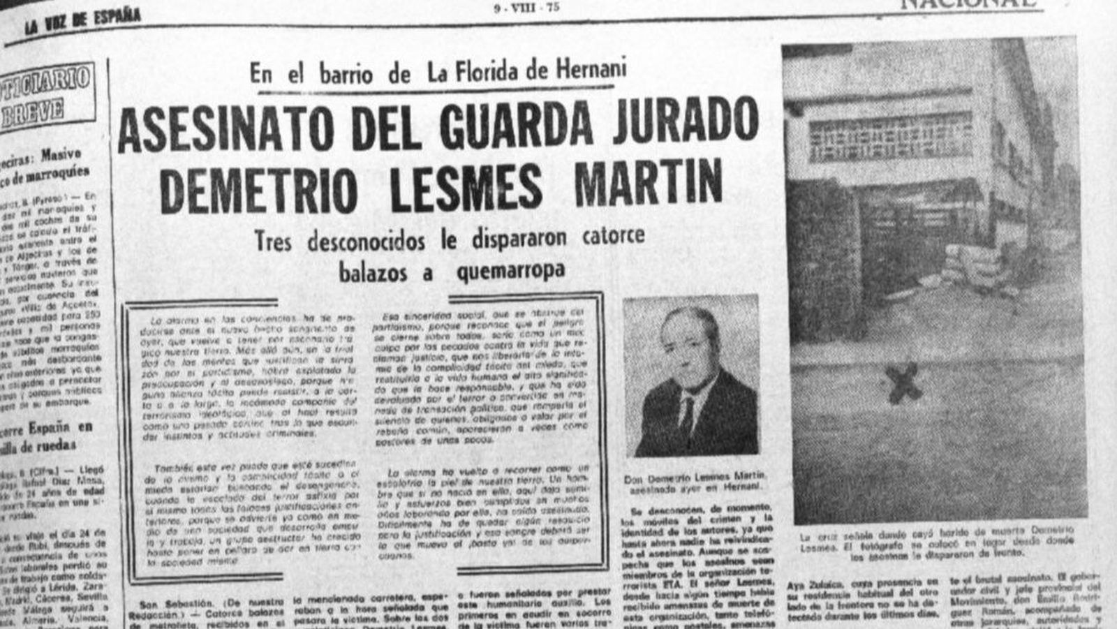 Recorte de periódico de la noticia del asesinato de Demetrio Lesmes en La Voz de España