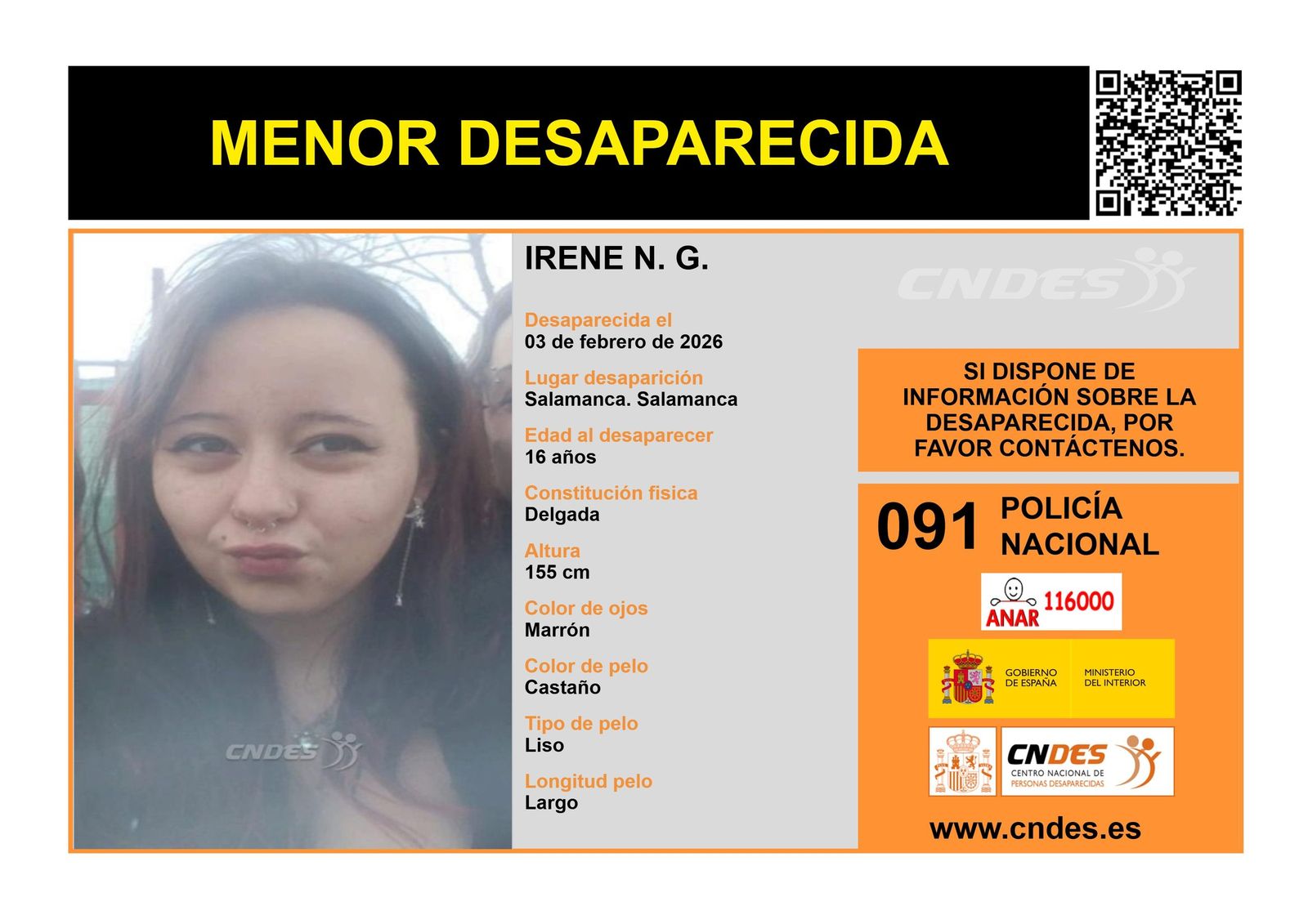 Cartel de menor desaparecida de Irene