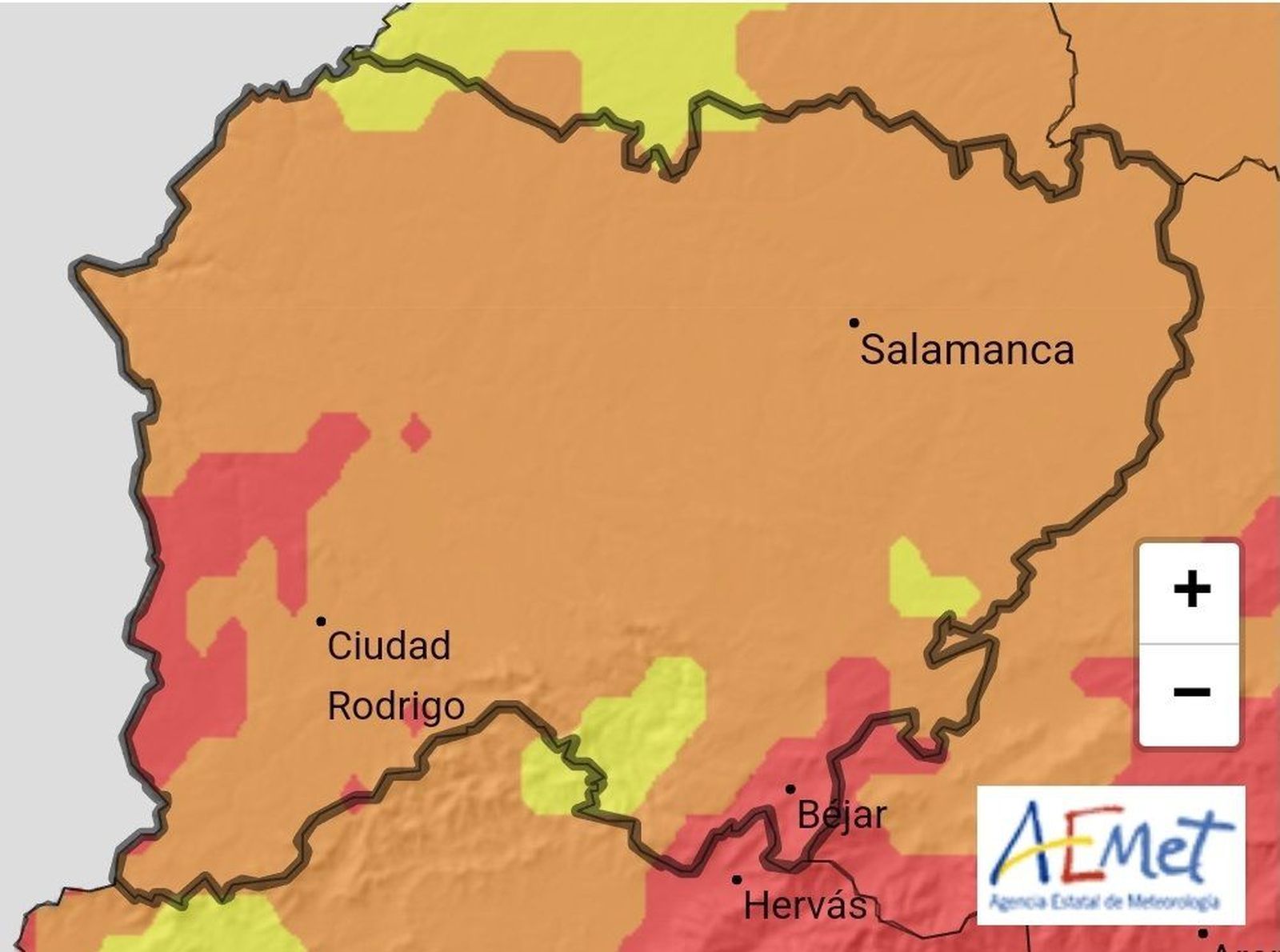 Mapa altas temperaturas en Salamanca. Foto @Salamanca_Gob | @AEMET_Esp
