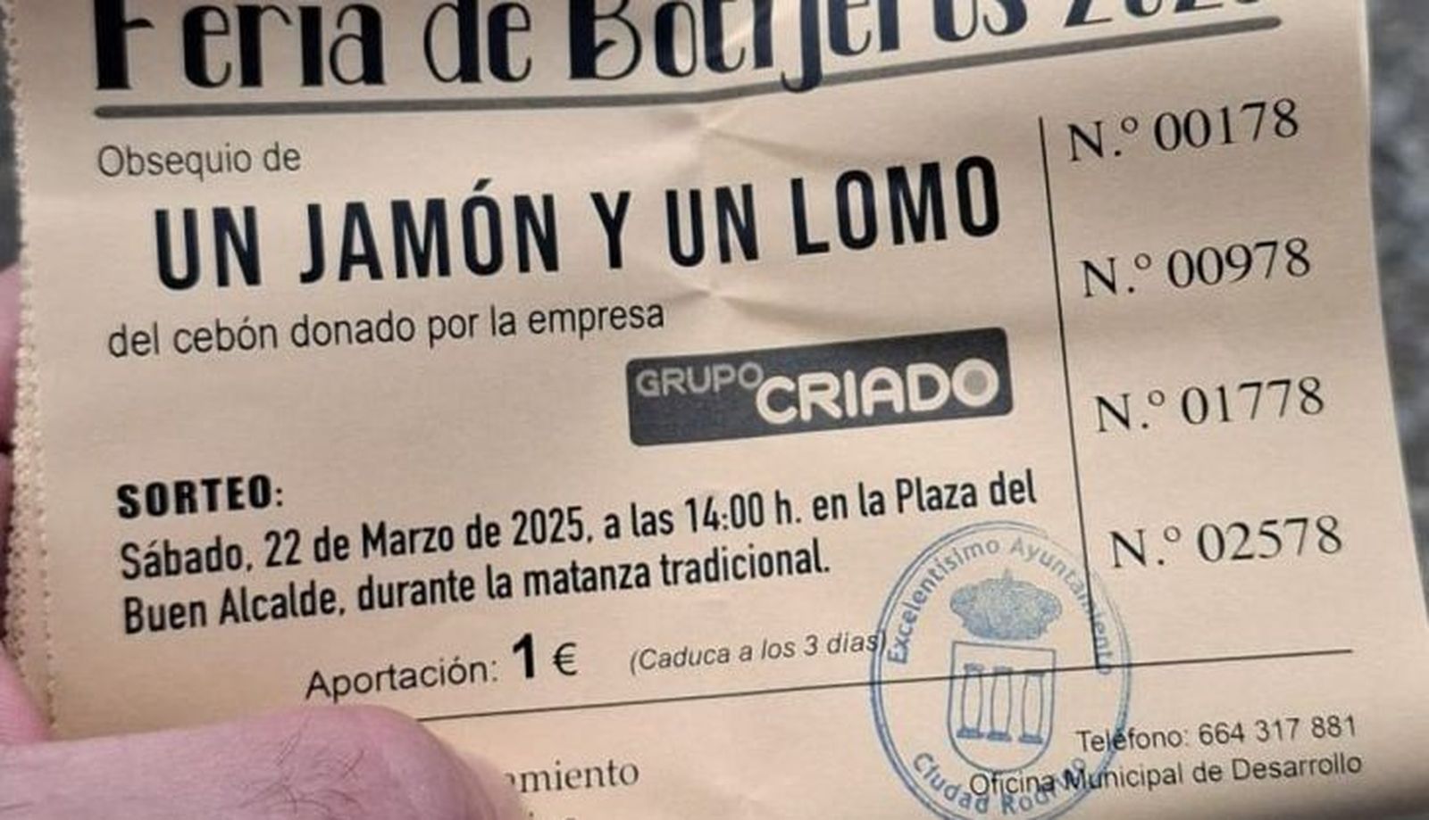 Boleto ganador Lote del Sorteo Rifa Feria Botijeros