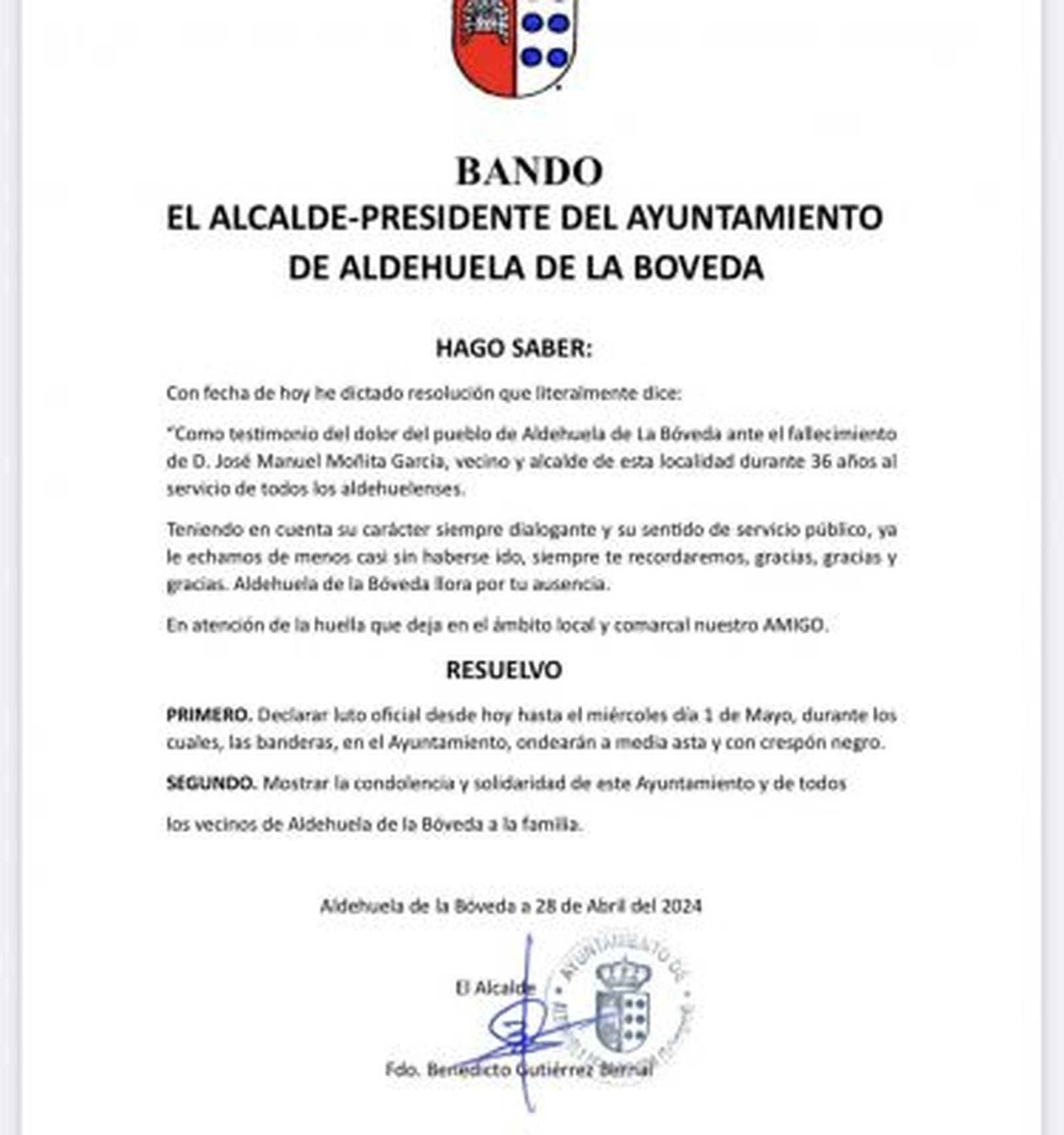 Luto por Jose Manuel Moñita en Aldehuela de Bóveda