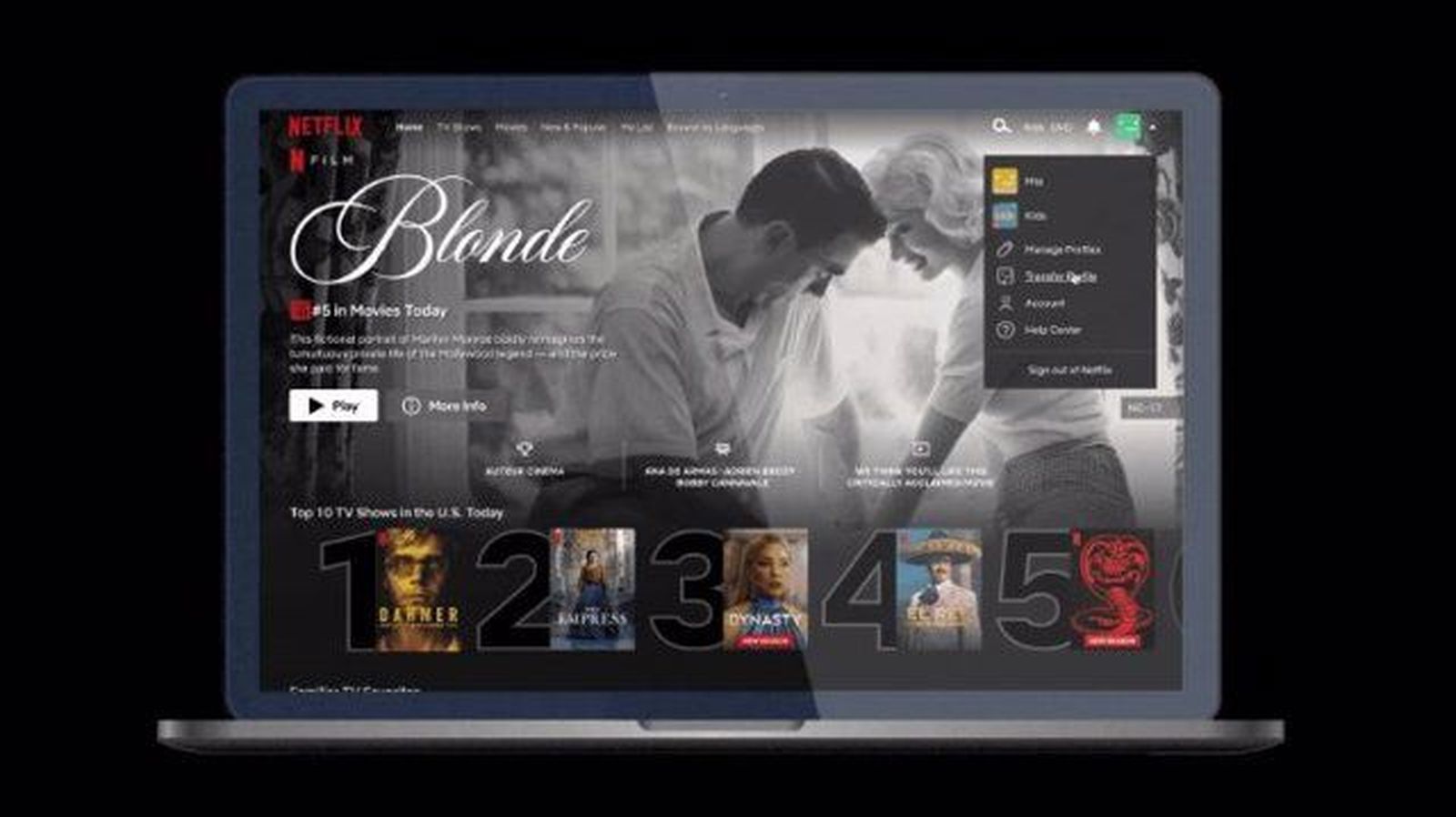 Interfaz de Netflix con la opción 'Transferir perfil'. EP