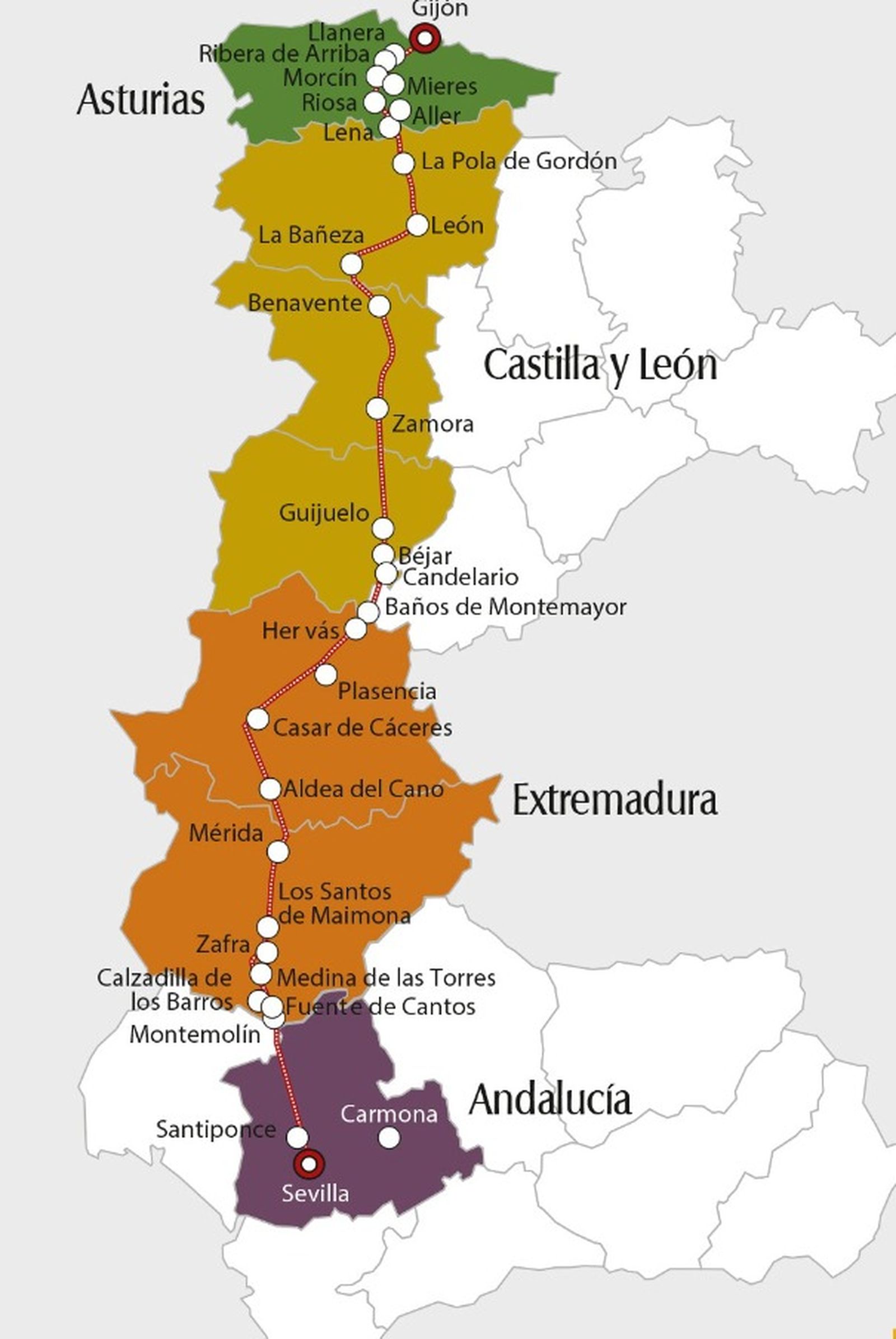 Posible itinerario que seguiría el tren de la Ruta de la Plata