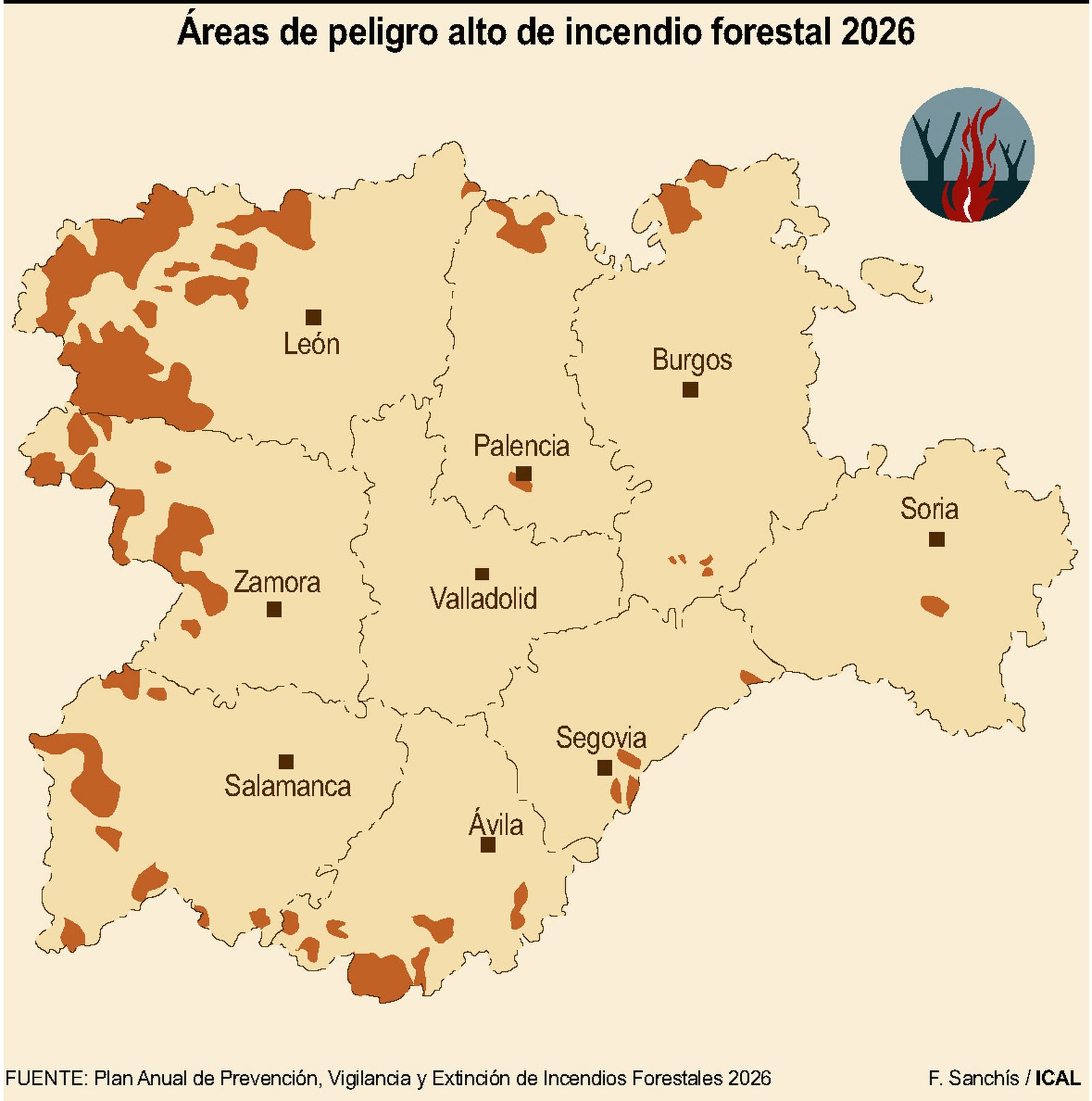 Mapa de las áreas de peligro alto de incendio forestal en 2026