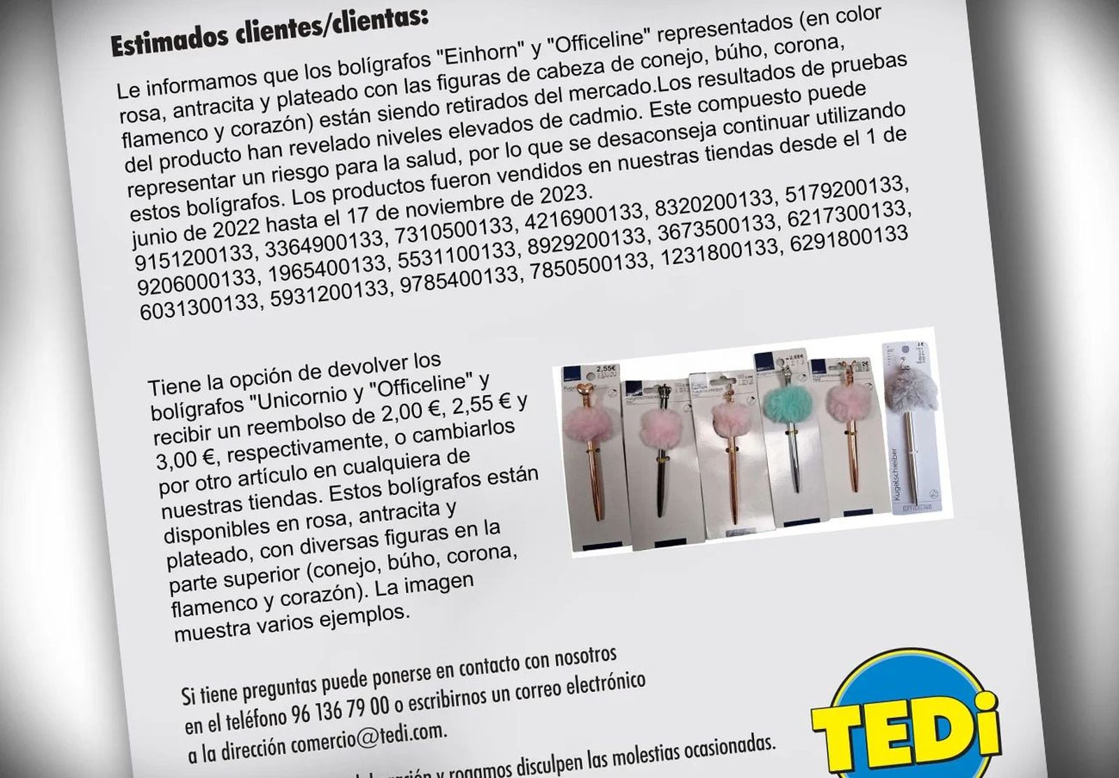 Bolígrafos retirados de Tedi