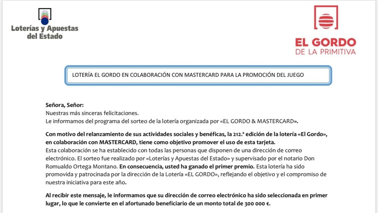 Estafa suplantación Loterías del Estado