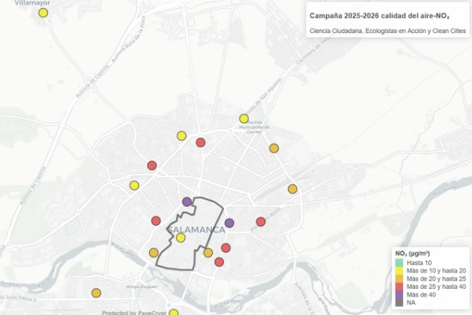 Mapa con la medición del aire en los entornos de los colegios de Salamanca