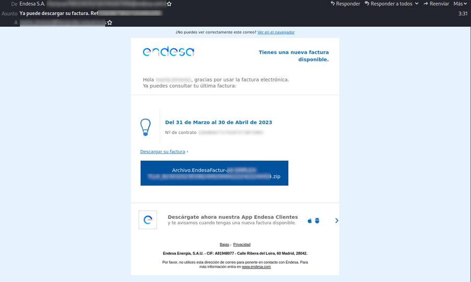 Factura falsa que suplanta a Endesa. Foto @guardiacivil