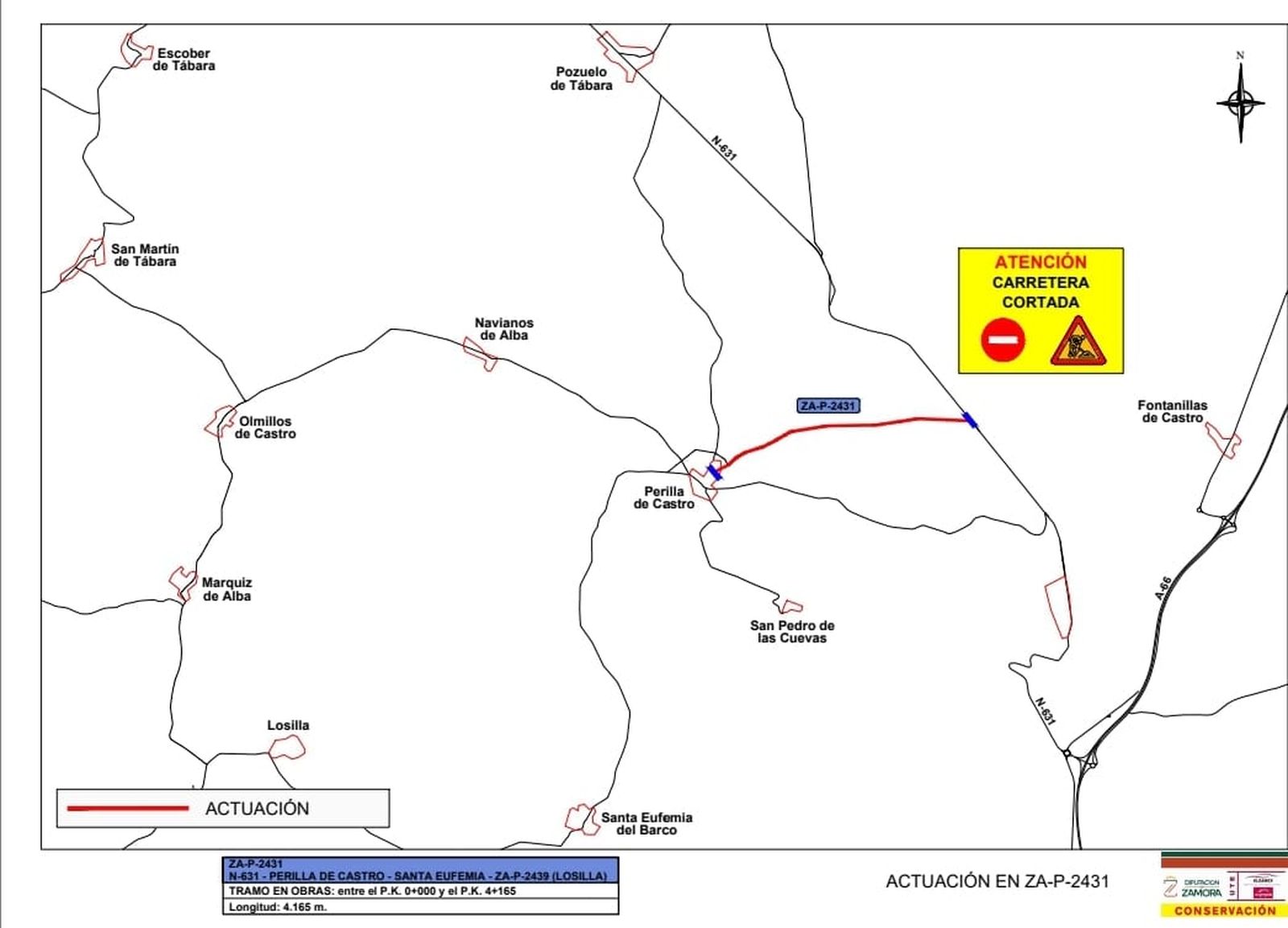 Mapa de la situación con la carretera cortada
