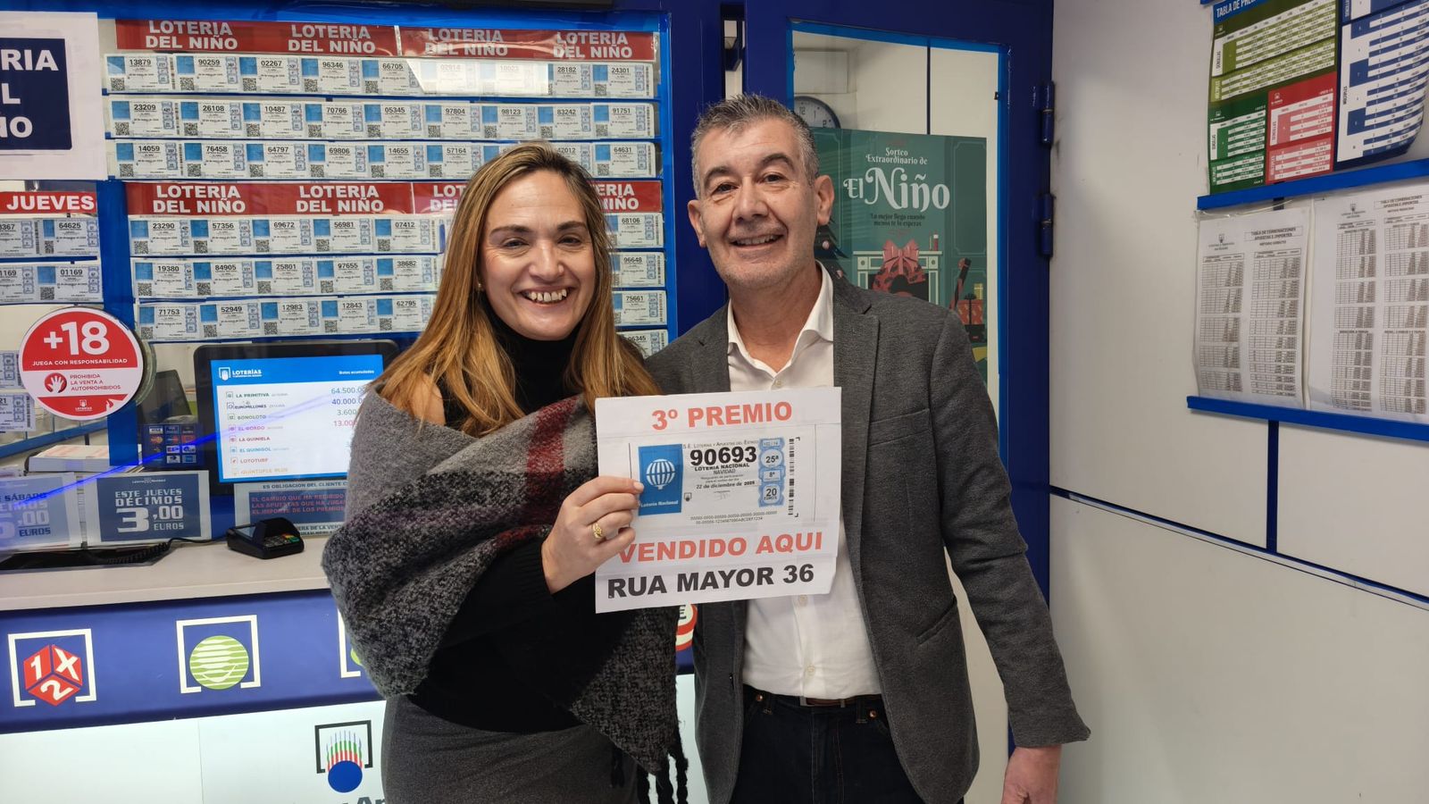 José y Encarna (Rúa Mayor, 36) han vendido un tercer premio, el 90.693