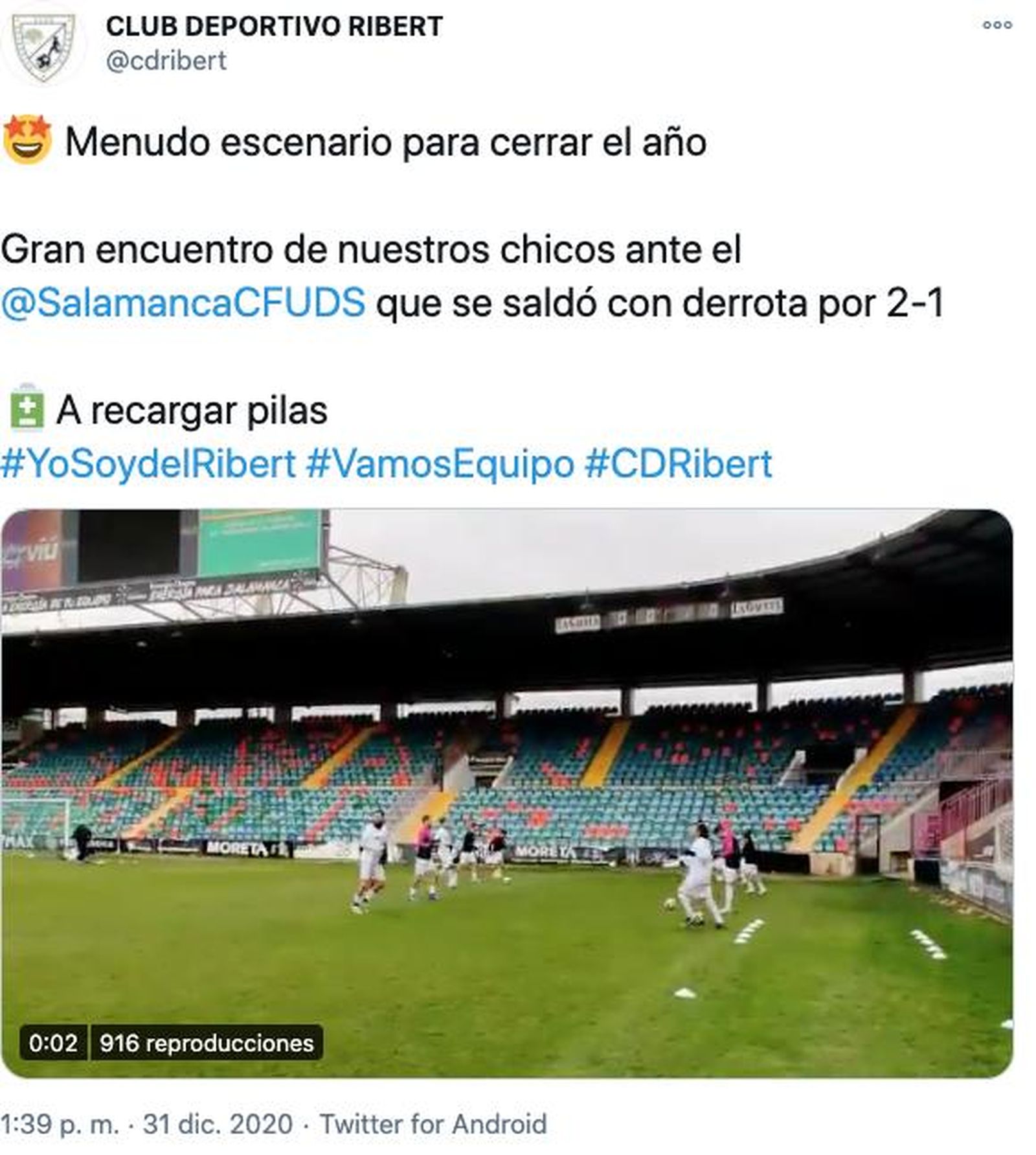 Captura del tuit publicado por el CD Ribert