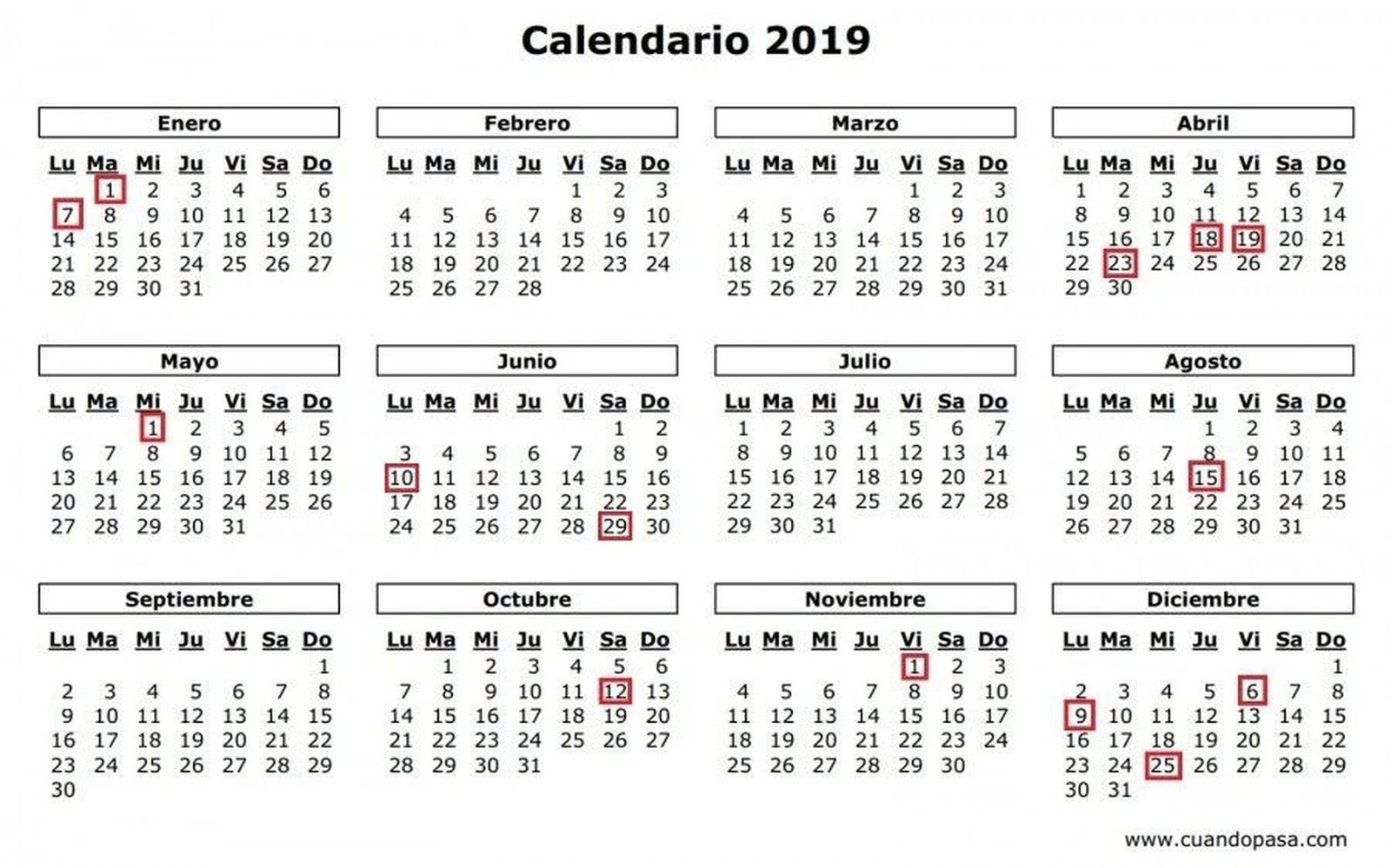 Calendario inhabil 2019