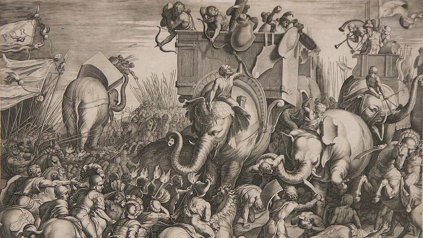La batalla de Zama. Ilustración de Cornelis Cort (1567).