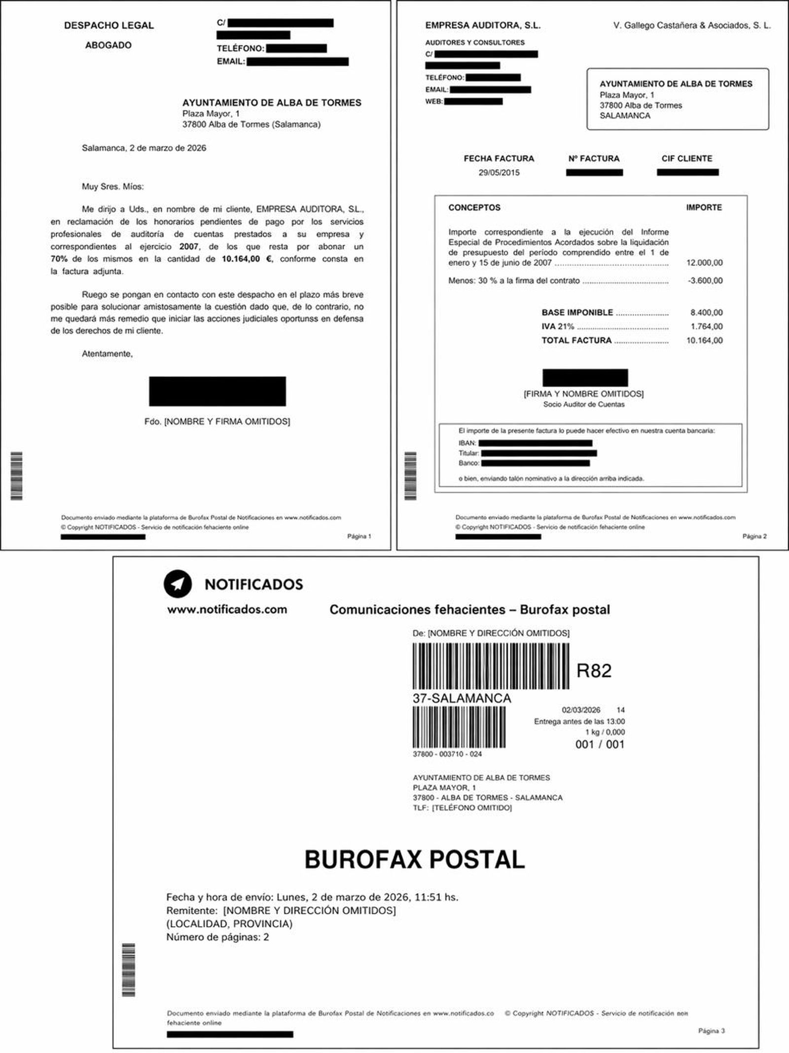 Reclamación de factura al Ayuntamiento de Alba de Tormes