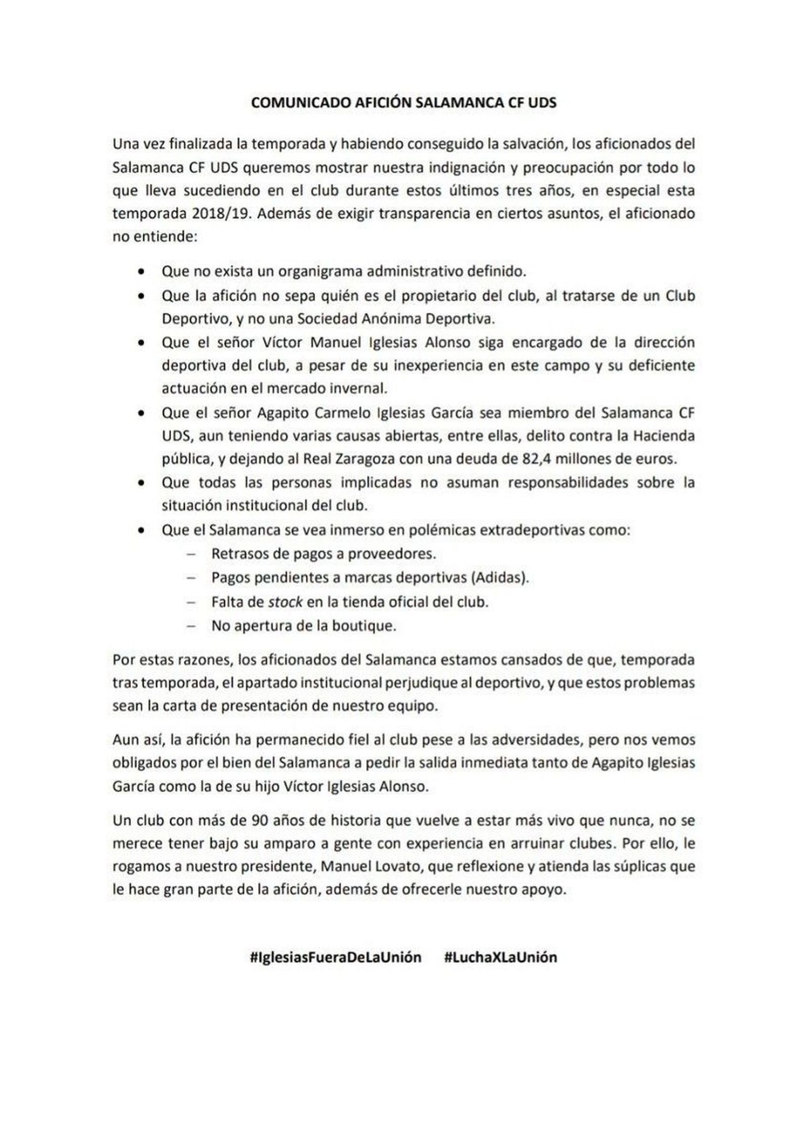 Comunicado salamanca cf uds