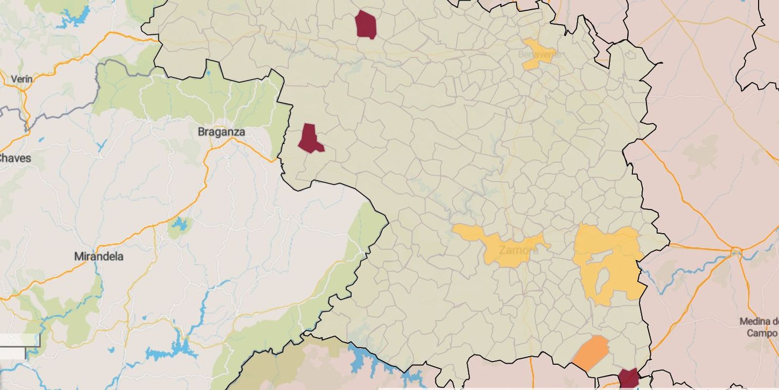 Mapa de la incidencia en los municipios de Zamora este viernes