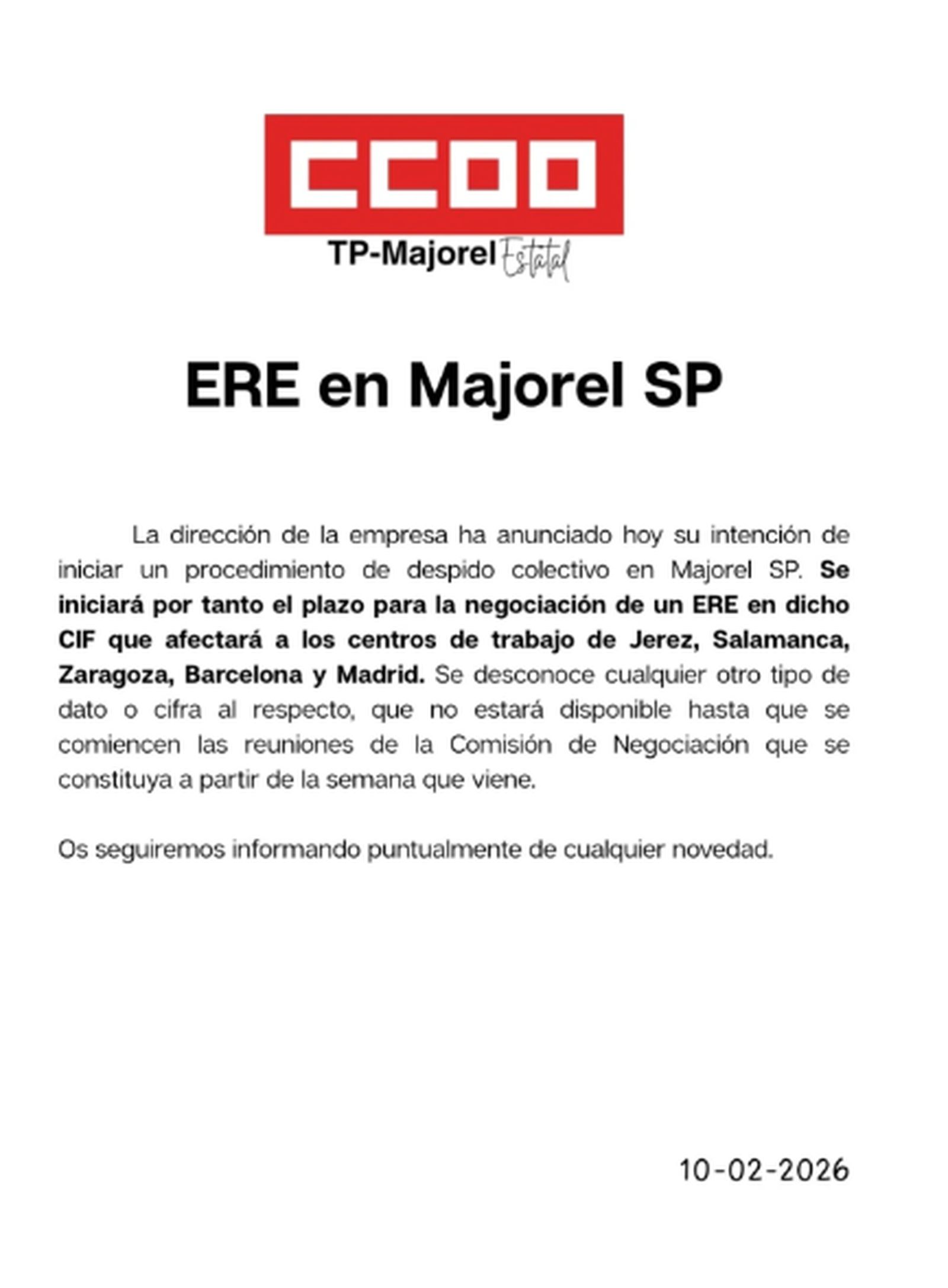 Comunicado de CCOO ante el ERE de Salamanca