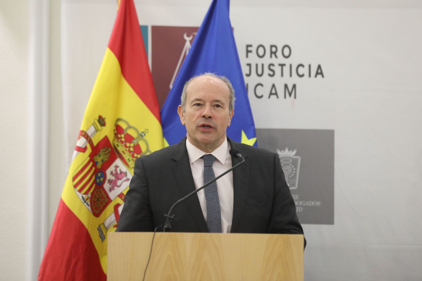 El ministro de Justicia, Juan Carlos Campo, durante su intervención en la presentación de la presidenta del Consejo General de la Abogacía, Victoria Ortega, en el foro de Justicia del Colegio de Ab
