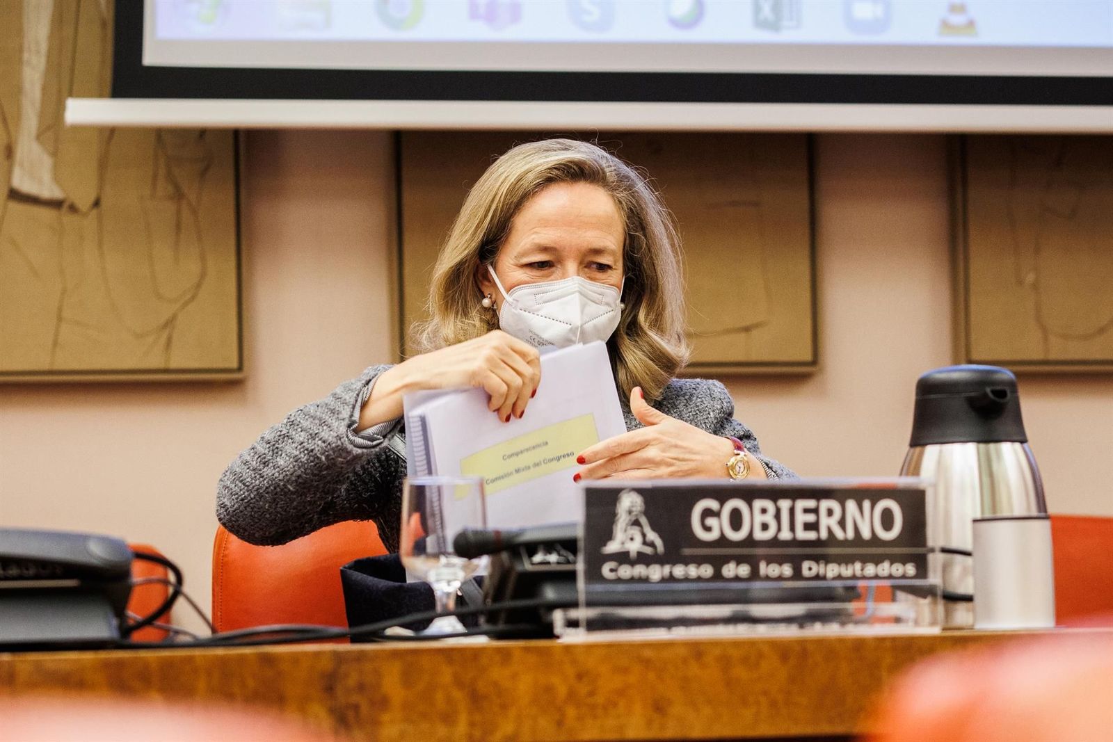La vicepresidenta primera del Gobierno y ministra de Asuntos Económicos y Transformación Digital, Nadia Calviño, comparece en la Comisión Mixta para la Unión Europea en el Congreso