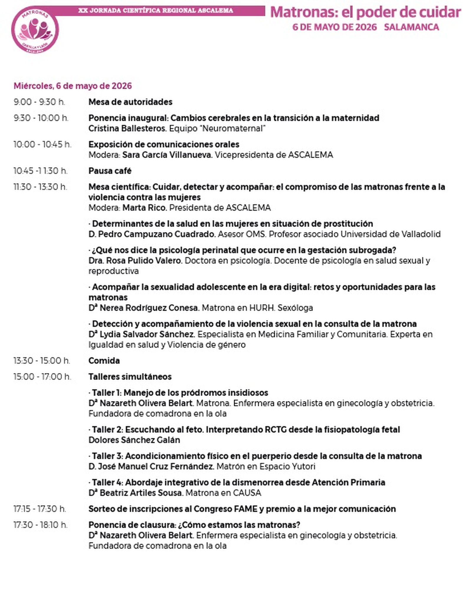 Programas de las XX Jornadas de Matronas, al poder de cuidar en Salamanca