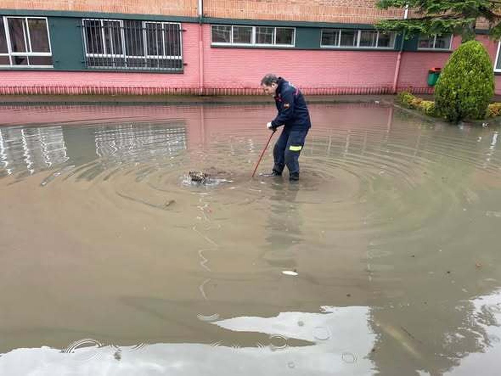 Un miembro del Cuerpo de Bomberos realiza las labores de limpieza para desalojar el agua