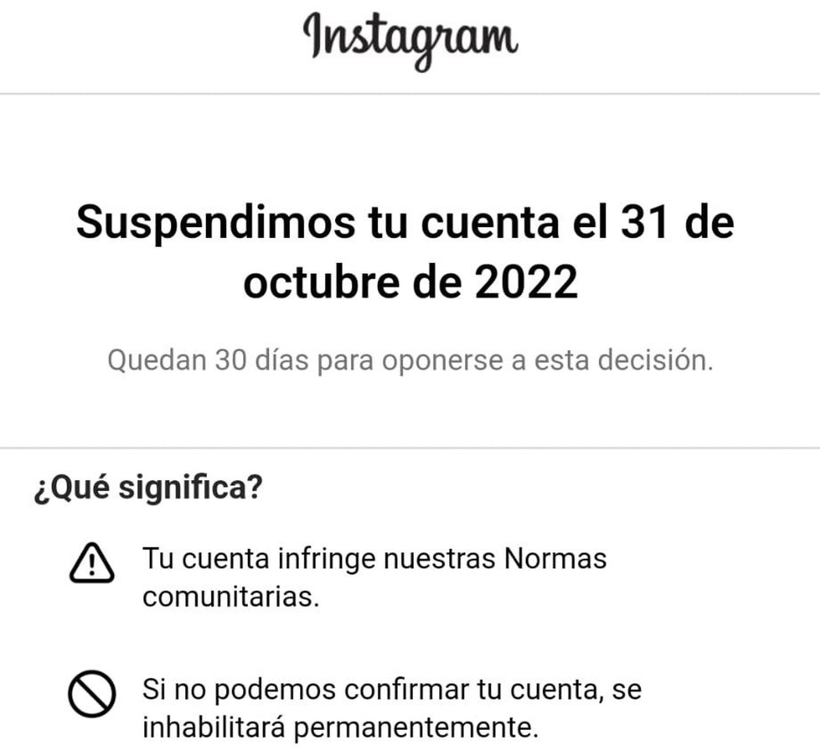 Captura del mensaje que aparece en las cuentas de los usuarios bloqueados