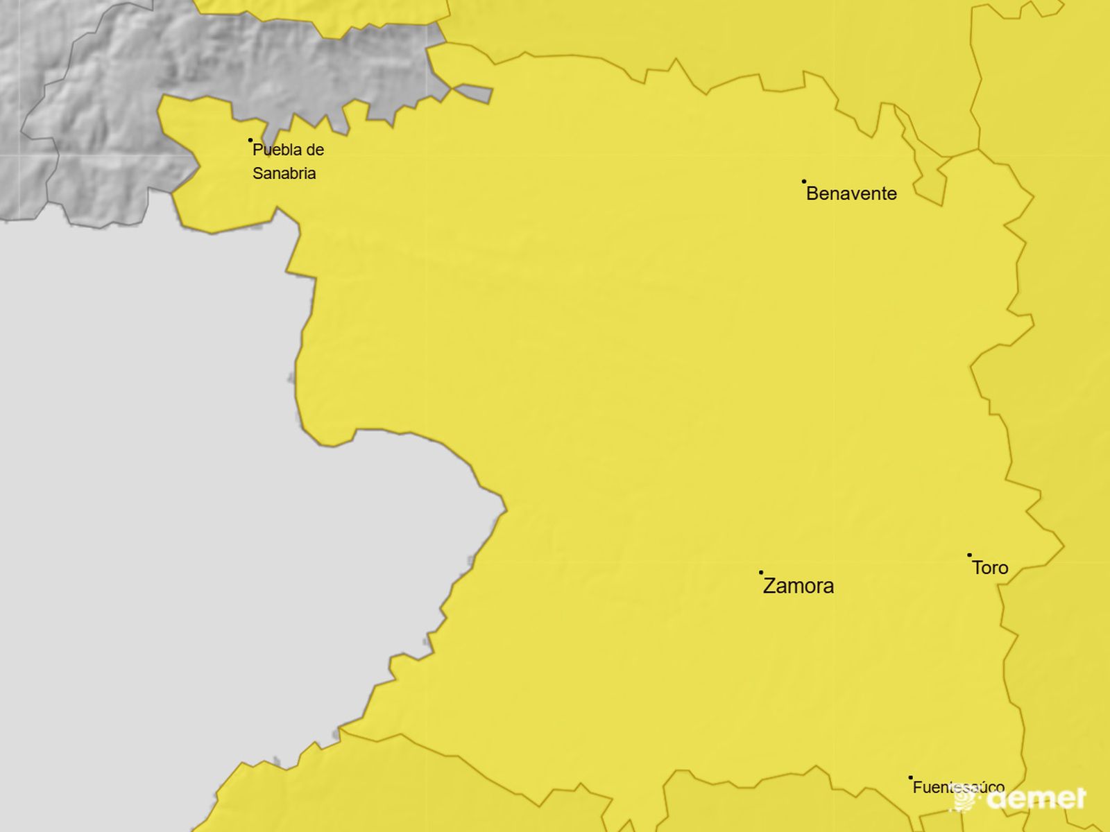 Mapa de AEMET sobre el riesgo por fenómenos meteorológicos adversos en Zamora este viernes