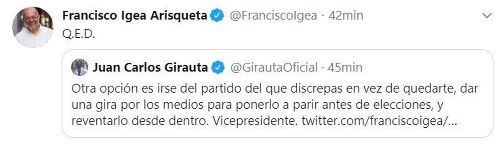 Tuit de Francisco Igea en respuesta a Juan Carlos Girauta.