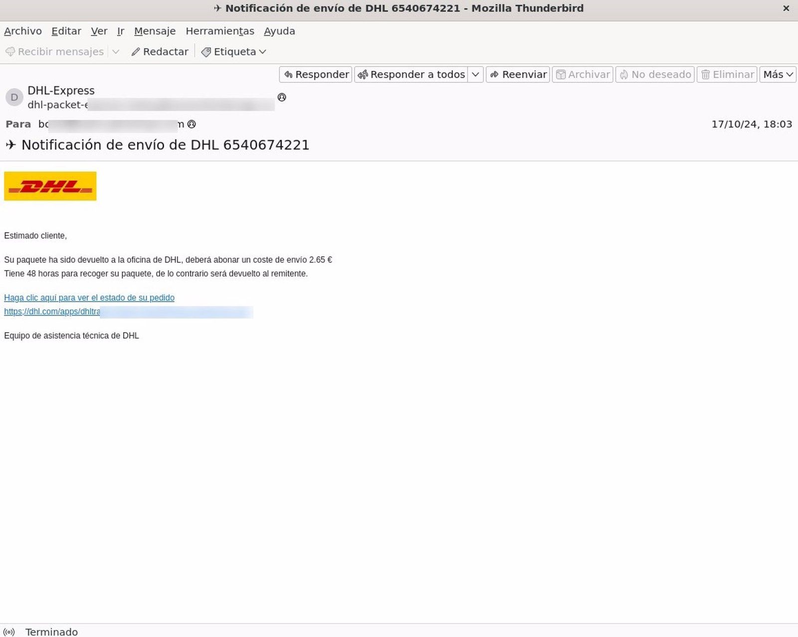 Imagen del correo fraudulento en el que se suplanta a DHL para intentar acceder a los datos bancarios de las víctimas INCIBE Archivo
