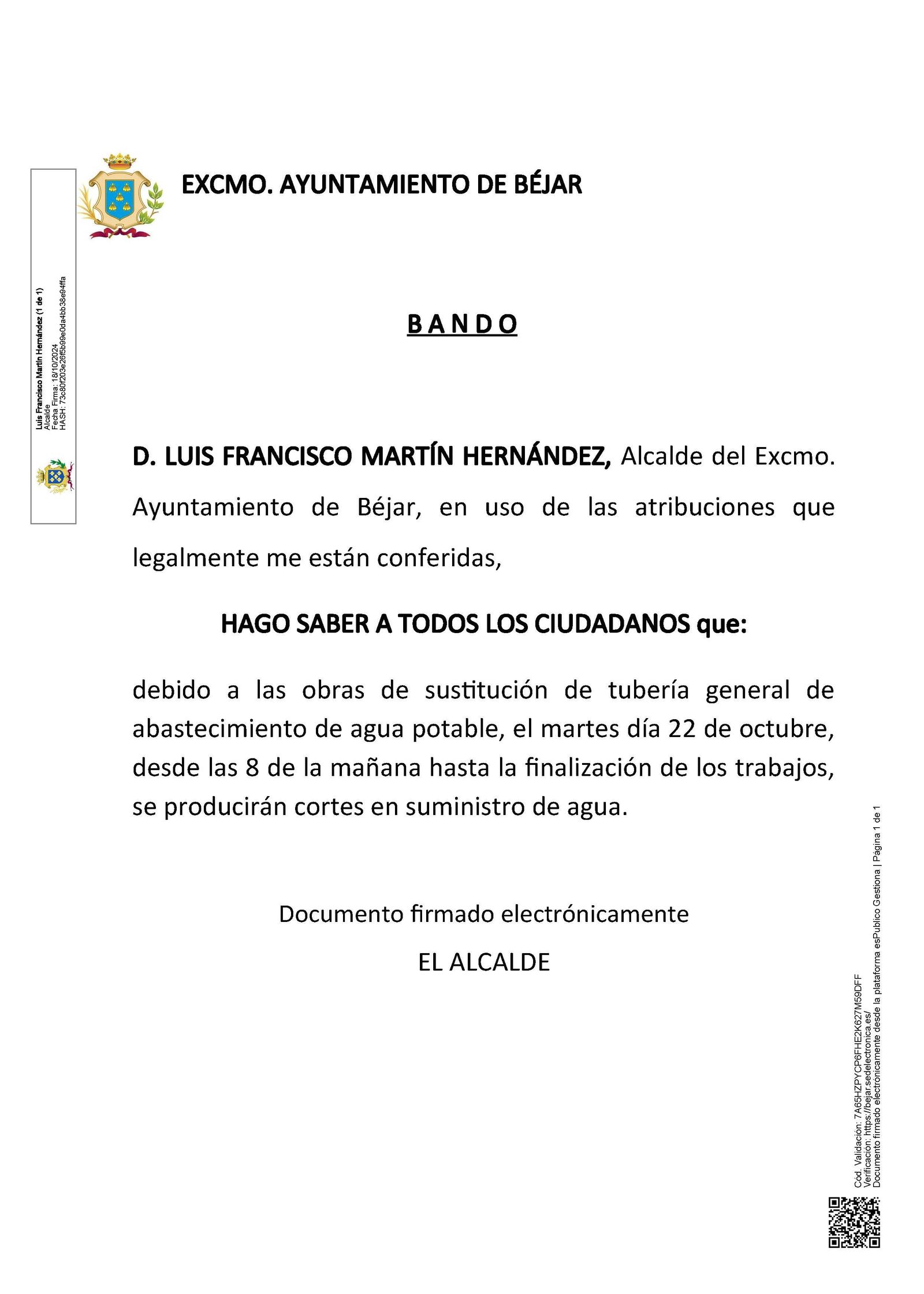 Bando emitido por el Ayuntamiento de Béjar por posibles cortes en el suministro de agua del martes, 22 de octubre