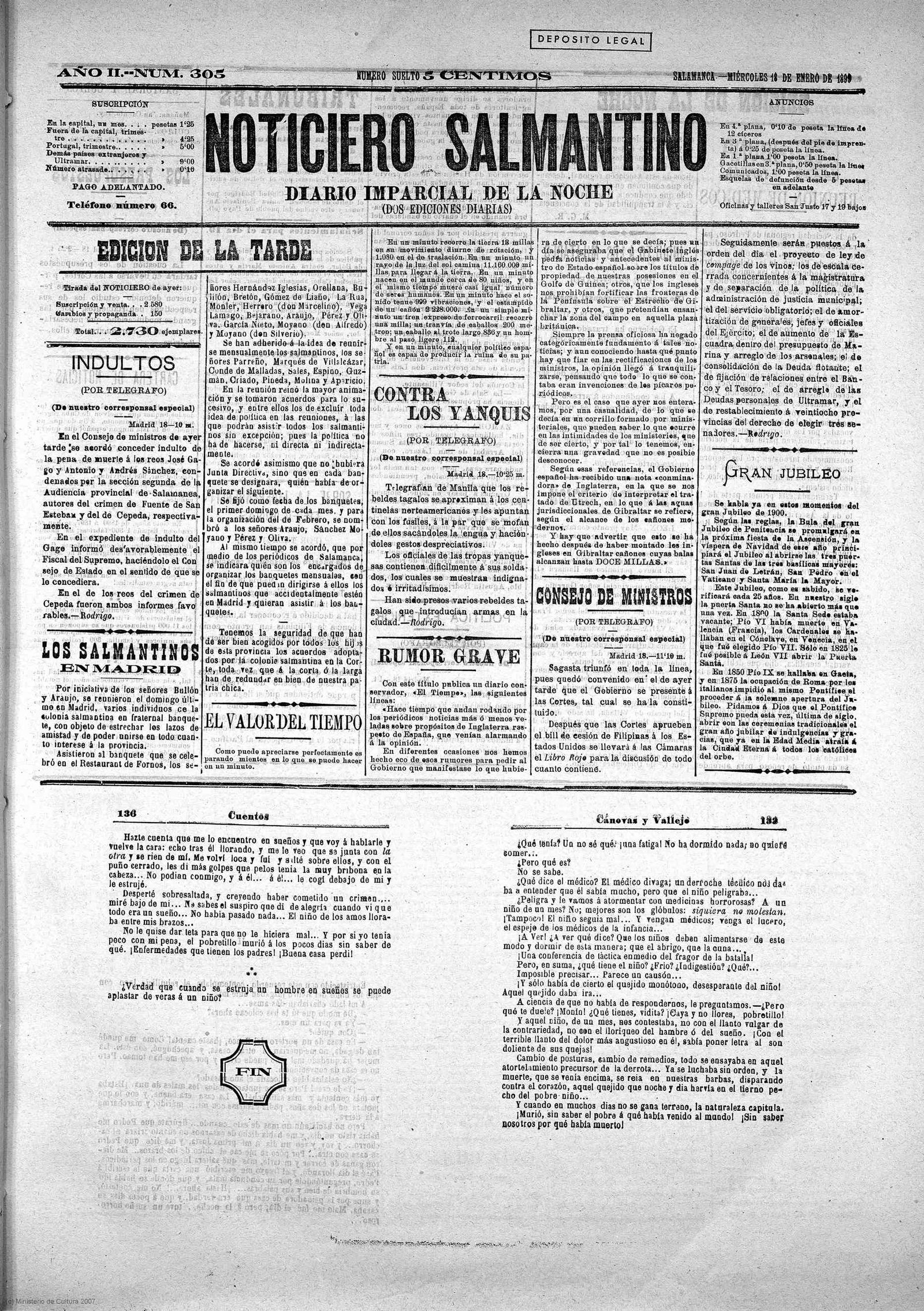 'Noticiero salmantino diario imparcial de la tarde' Año II Número 305 (18011899)