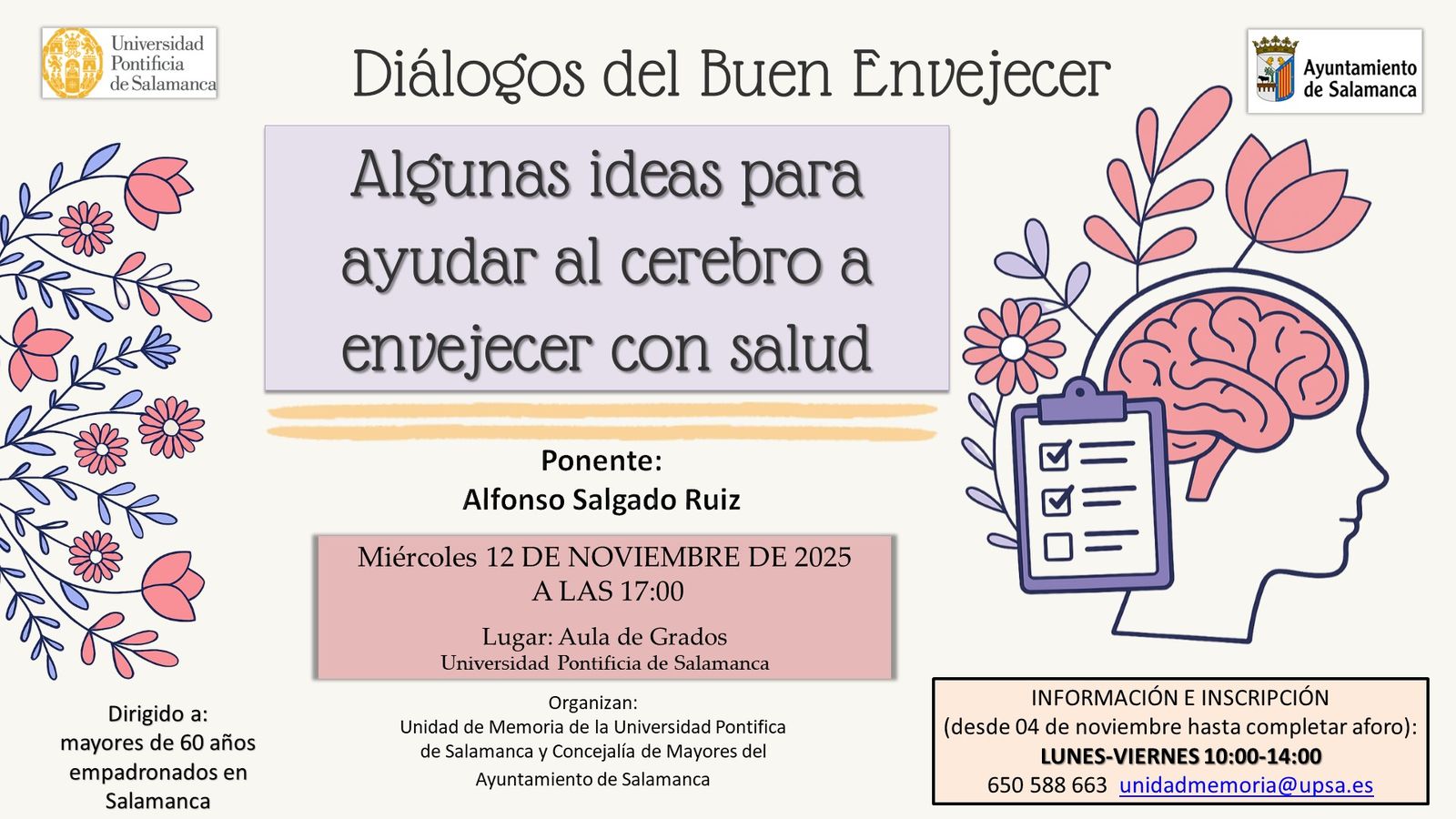 La UPSA acogerá una conferencia gratuita sobre el envejecimiento cerebral saludable