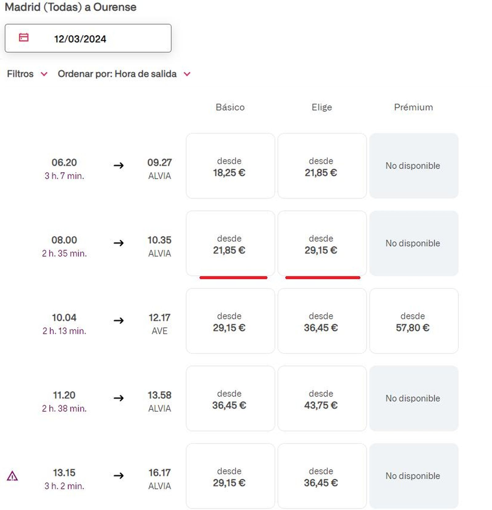 Billete Madrid - Ourense de las 8.00 horas del 12 de marzo. Renfe.